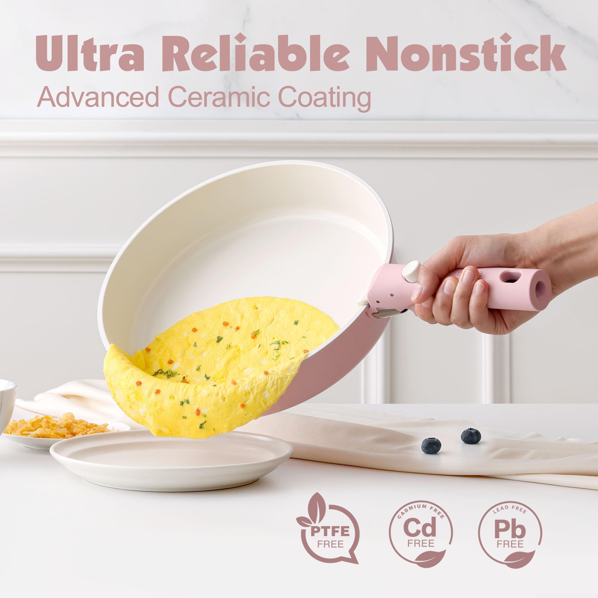 SENSARTE Juego de Ollas y Sartenes de Cerámica 17 Piezas, Utensilios de Cocina Antiadherentes con Mango Desmontable, Apto para Todo Tipo de Cocinas, Aptos para Lavavajillas y Horno (Rosa)