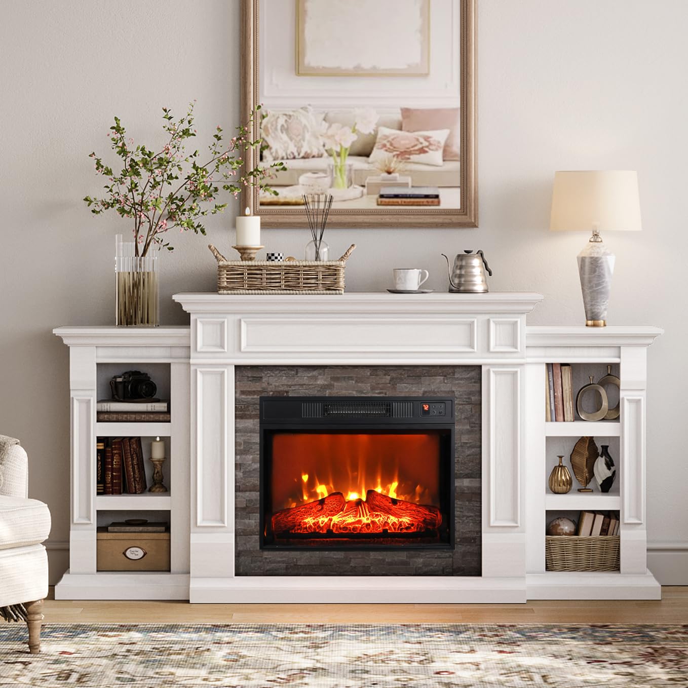 Naice 72" Electric Fireplace with Mantel and Cabinets, Fireplace TV Stand for Living Room Bedroom, Stacked Stone Surround and Remote Control 3D Realistic Flame, White