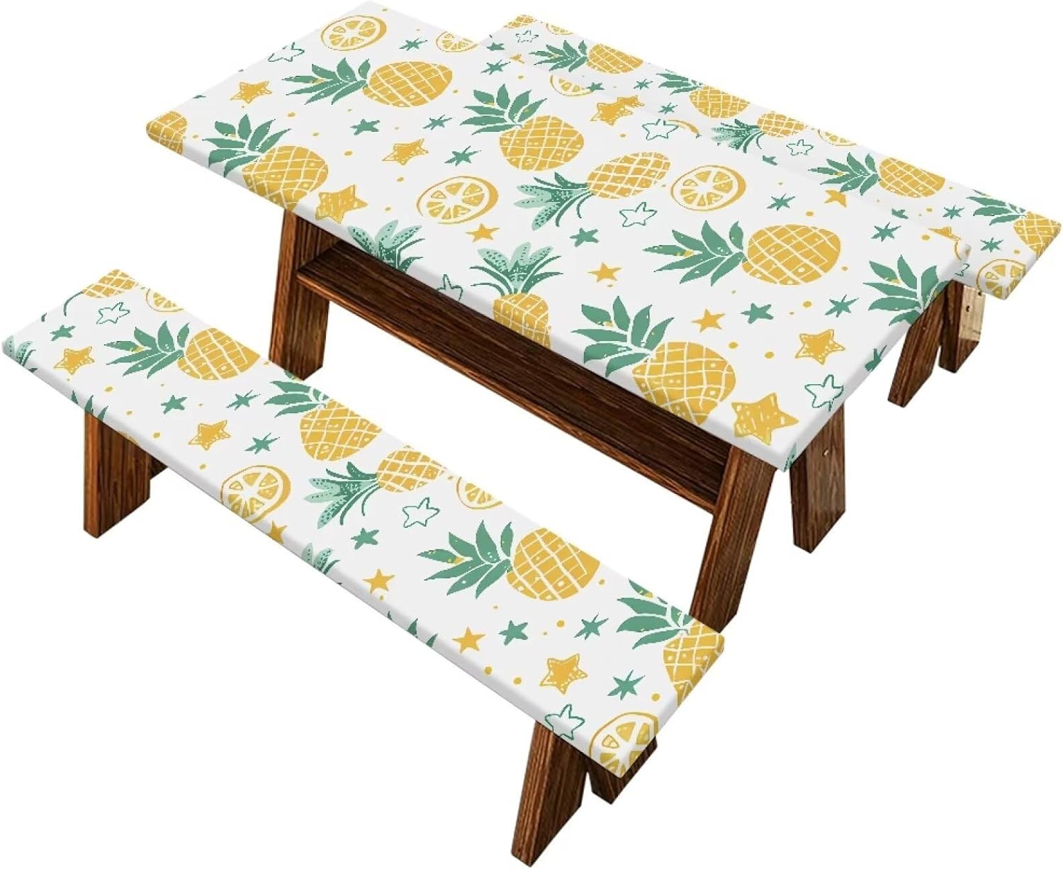 Pineapple Picnic Table and Bench Fitted Tablecloth Cover for Outdoor and Camping Camping Essentials Accessories with Elastic RV Camping Accessories and Camper Must Haves