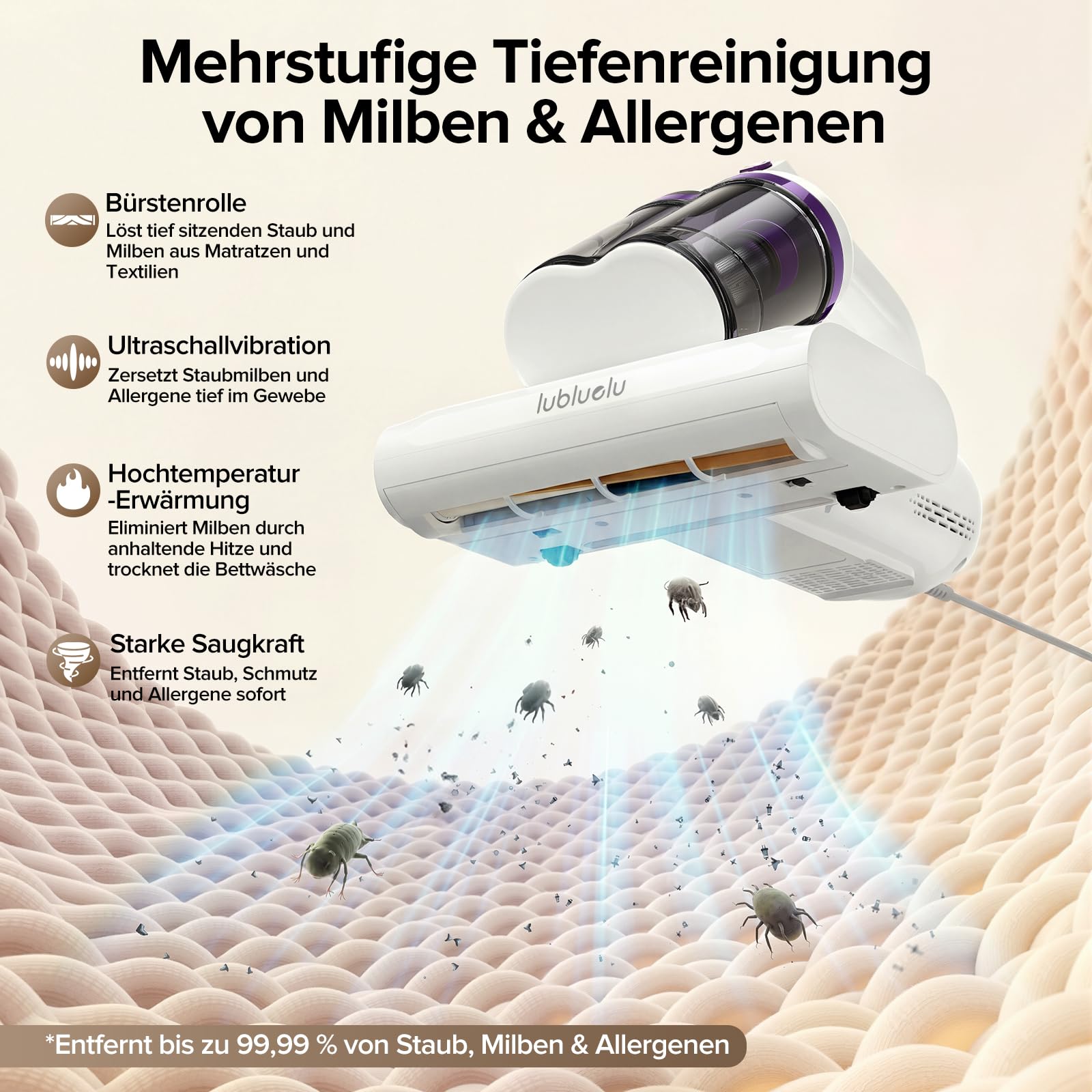Lubluelu Milbensauger 3in1 18KPa Matratzenreiniger Handstaubsauger weiß