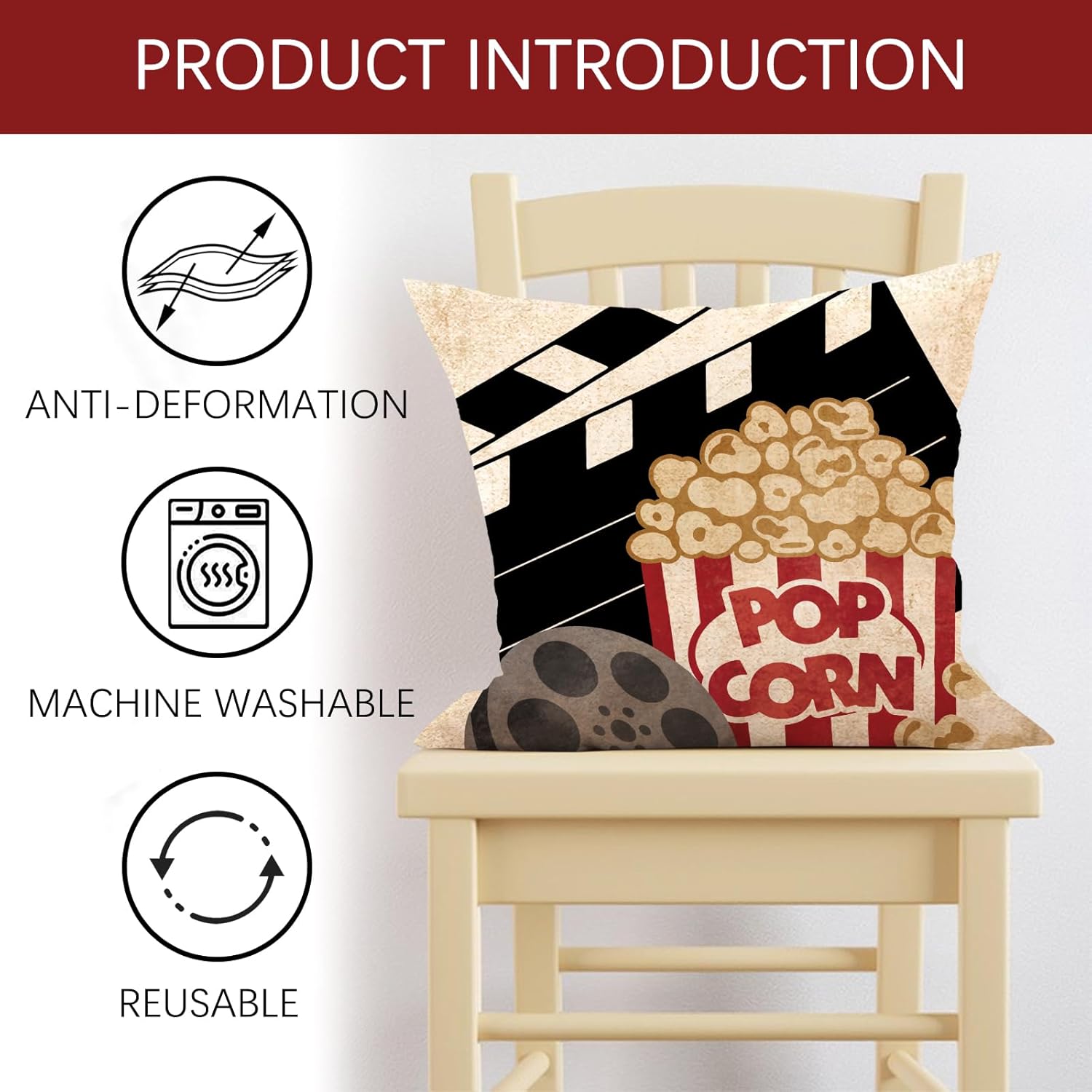 Movie Night Decorative Throw Pillow Covers 18 x 18 Set of 4, Vintage Cinema Ticket Popcorn Clapper Board Theater Home Decor, Enjoy The Show Stripes Film Filmstrip Movie Room Couch Cushion Case