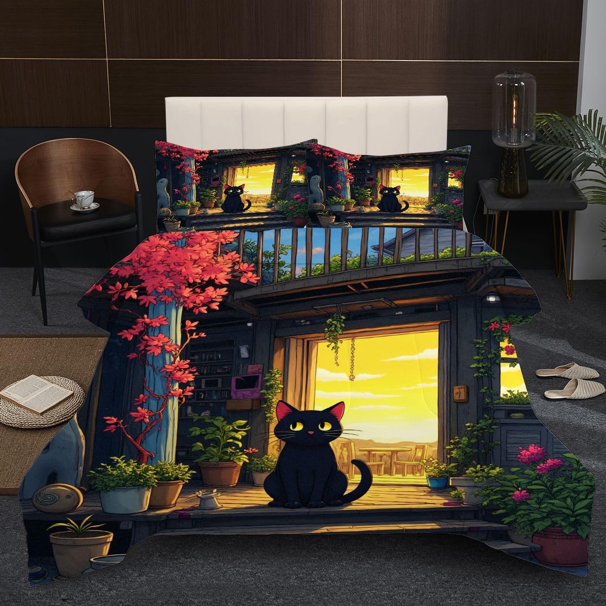 Edredón Nordica Cama 150-220x240 cm Gato Negro de Dibujos Animados, 3 Piezas Juego de Ropa para Adultos, 3D Edredón de Microfibra y 2 Funda de Almohada (220 x 240-50 x 75)