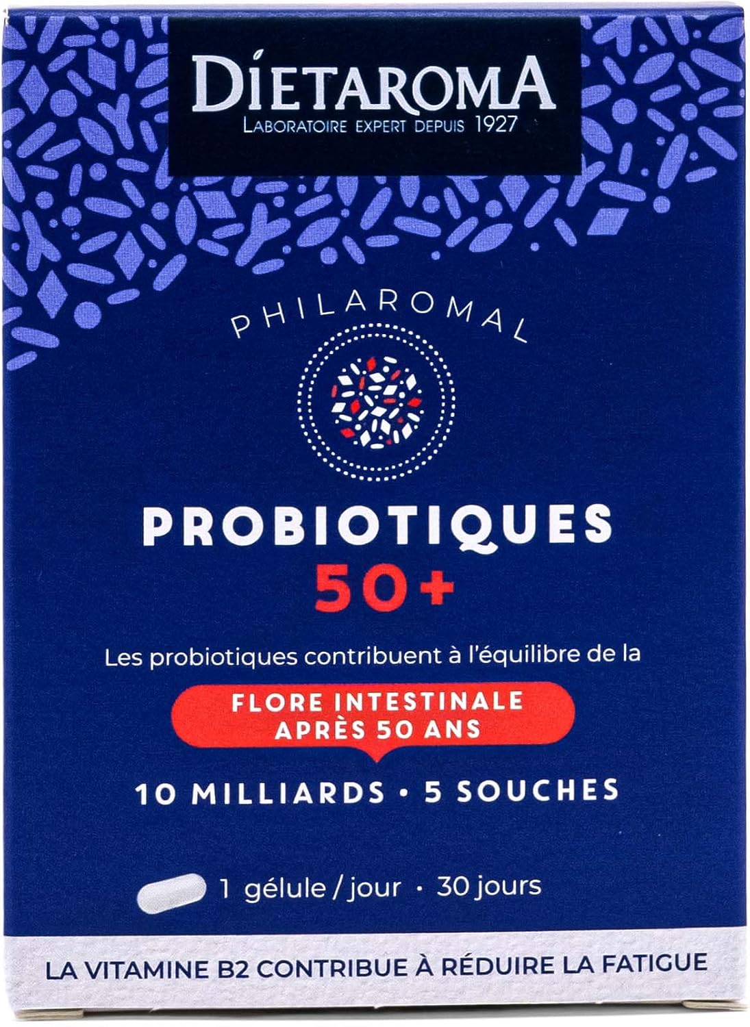 Philaromal Probiotics 50+ – Probiotic Dietary Supplement for Gut Flora Over 50s | 10 Billion Ferments – 5 Strains | Source of Antioxidants | 10 milliards de ferments, 5 souches, Source d’antioxydants