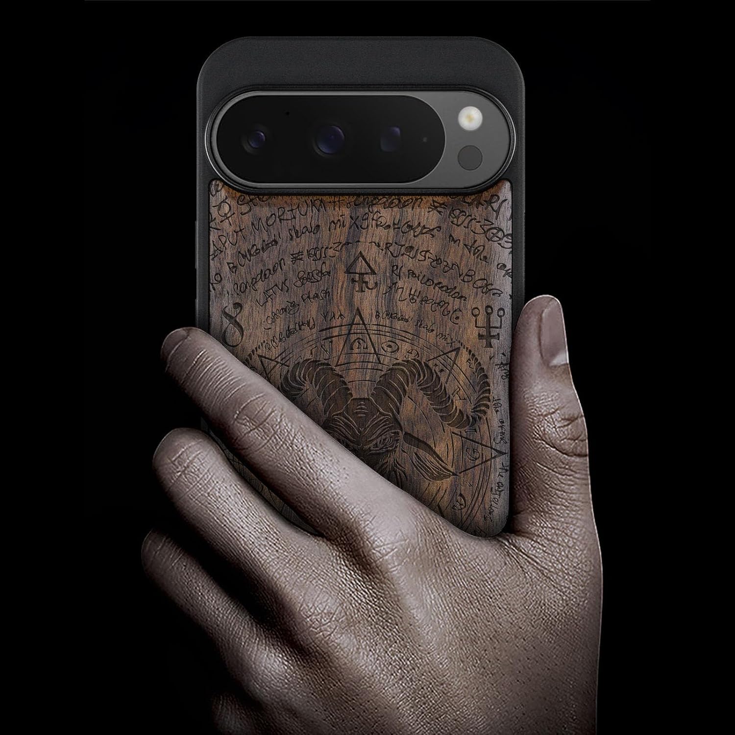 Carveit Magnetic Wooden Case for Pixel 9 Pro Google 9 Pro Case, Wood Artisan Engraved & Soft TPU Shockproof Cover, Compatible with MagSafe Wireless Chargers (Horned Goat) Walnut