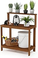 Furinno Tioman Outdoor Hardwood Potting Bench - Weather-Resistant Patio Gardening Table with 3-Tier Storage, Natural FG17478