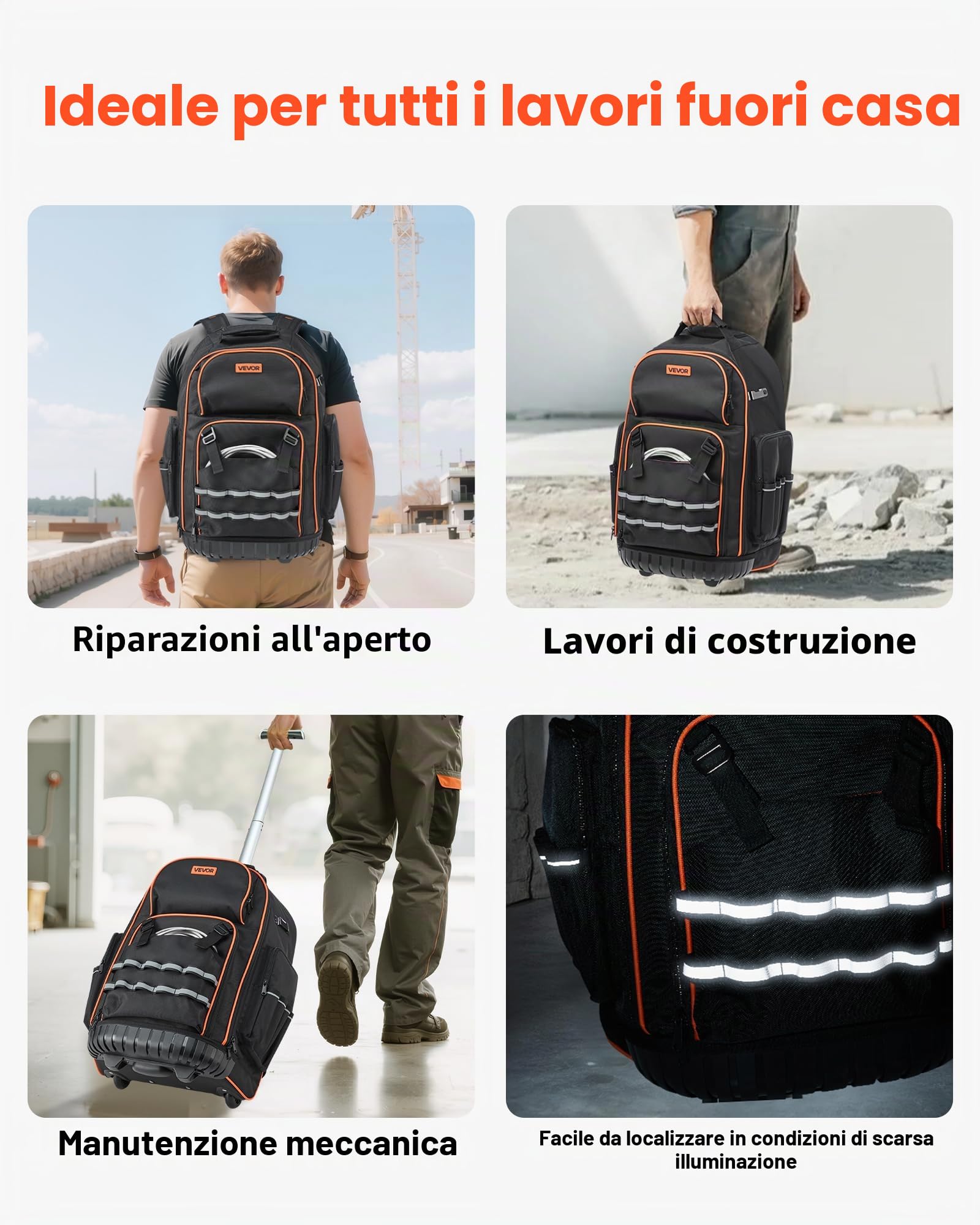 VEVOR Zaino Portautensili con Ruote, Capacità 50 kg, Borsa Portautensili con Ruote da 72 Tasche, Maniglia Telescopica Regolabile e Base Stabile, Organizzatore per Borse per Edilizia, Meccanico