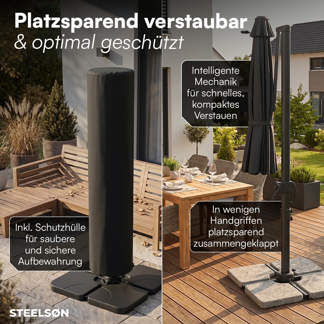 STEELSØN Elaris Premium Sonnenschirm rechteckig 300x300 cm – Ampelschirm inkl. Schutzhülle – Gartenschirm neigbar & 360° drehbar – Sonnenschutz UV50+ wetterfest – robustes Aluminium Gestell - schwarz