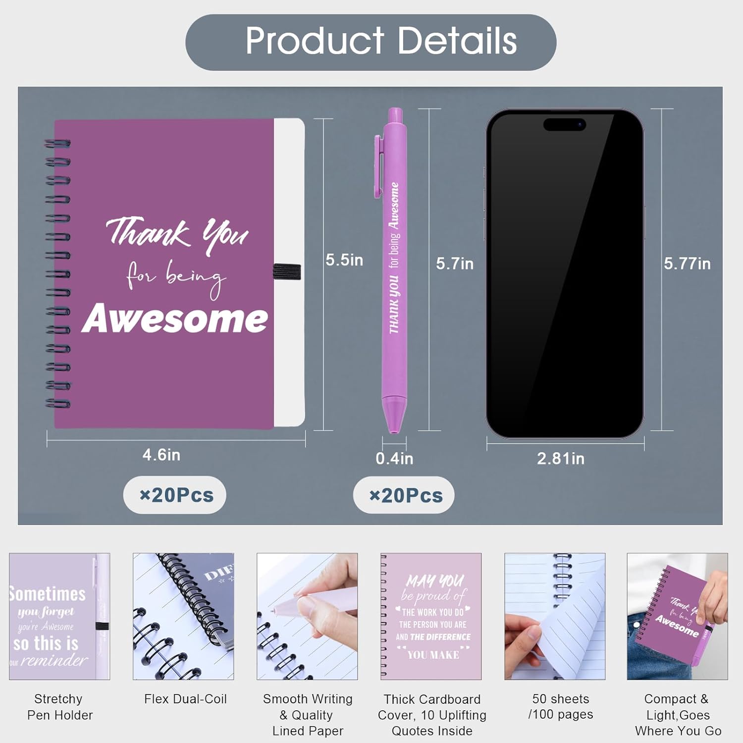 20 Sets/40 Pcs Employee Appreciation Gifts Bulk – Inspirational Notebooks with Motivational Pens, Small Notepads for Coworkers, Office Staff, Team, Volunteer, Nurse, Teachers, Housekeeping (Purple)