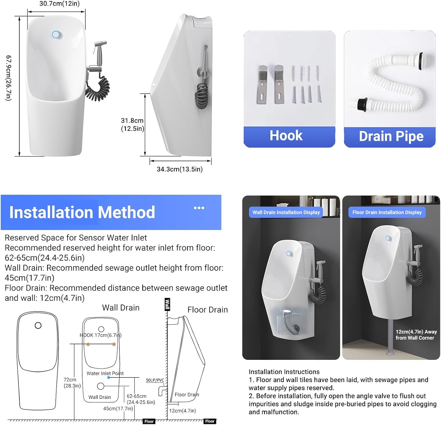Ceramic Wall-Mounted Urinal with Boost Sprayer, Dual-Mode Sensor Flush | Retractable boost sprayer. Dual-mode waterfall flush. Odor-blocking plug. Smooth glaze(White,Sensor)