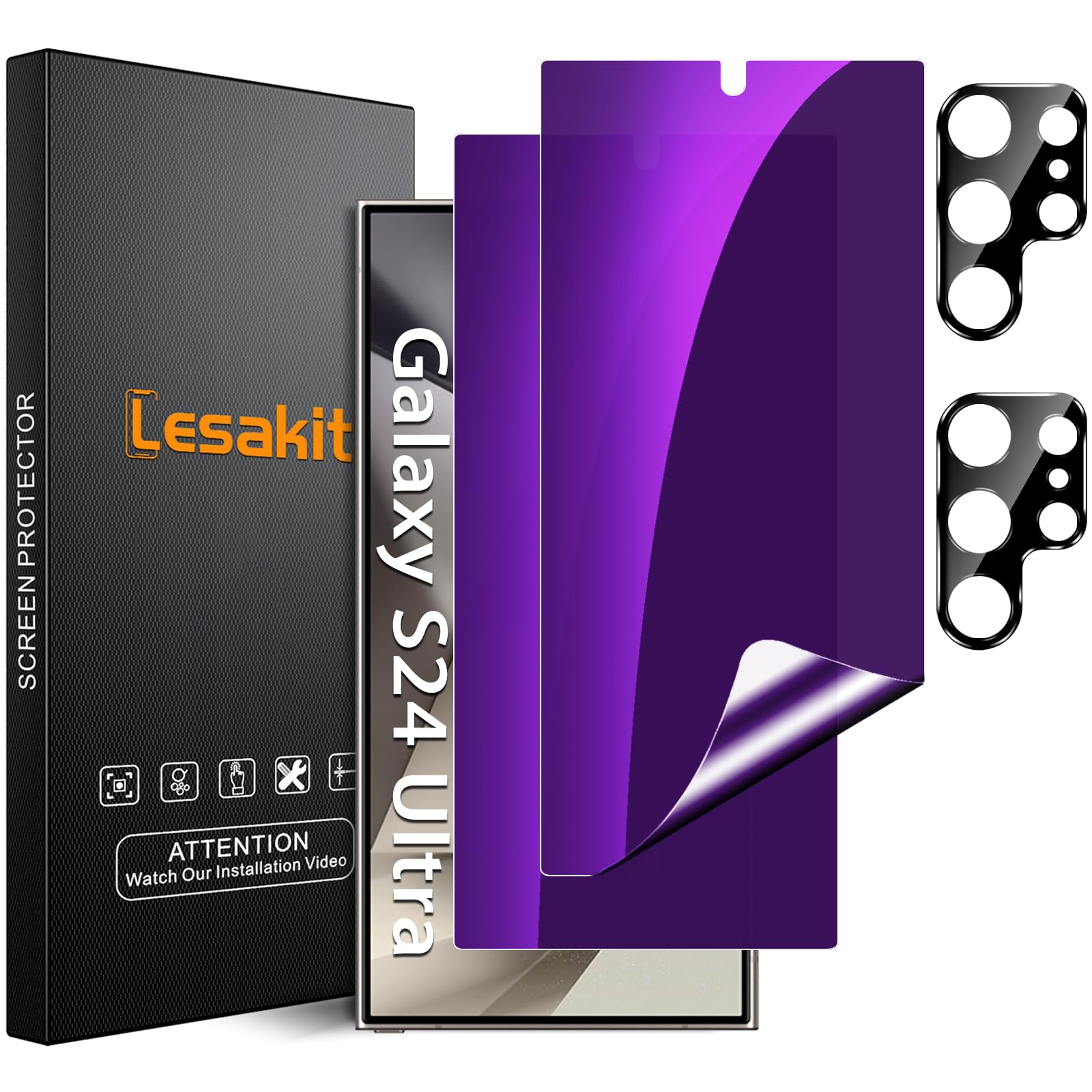 [2+2 Pack] for Samsung Galaxy S24 Ultra Privacy Screen Protector[Not Glass] + 2 Pack Camera Lens Protector, [Support Fingerprint ID] 28° Anti Spy