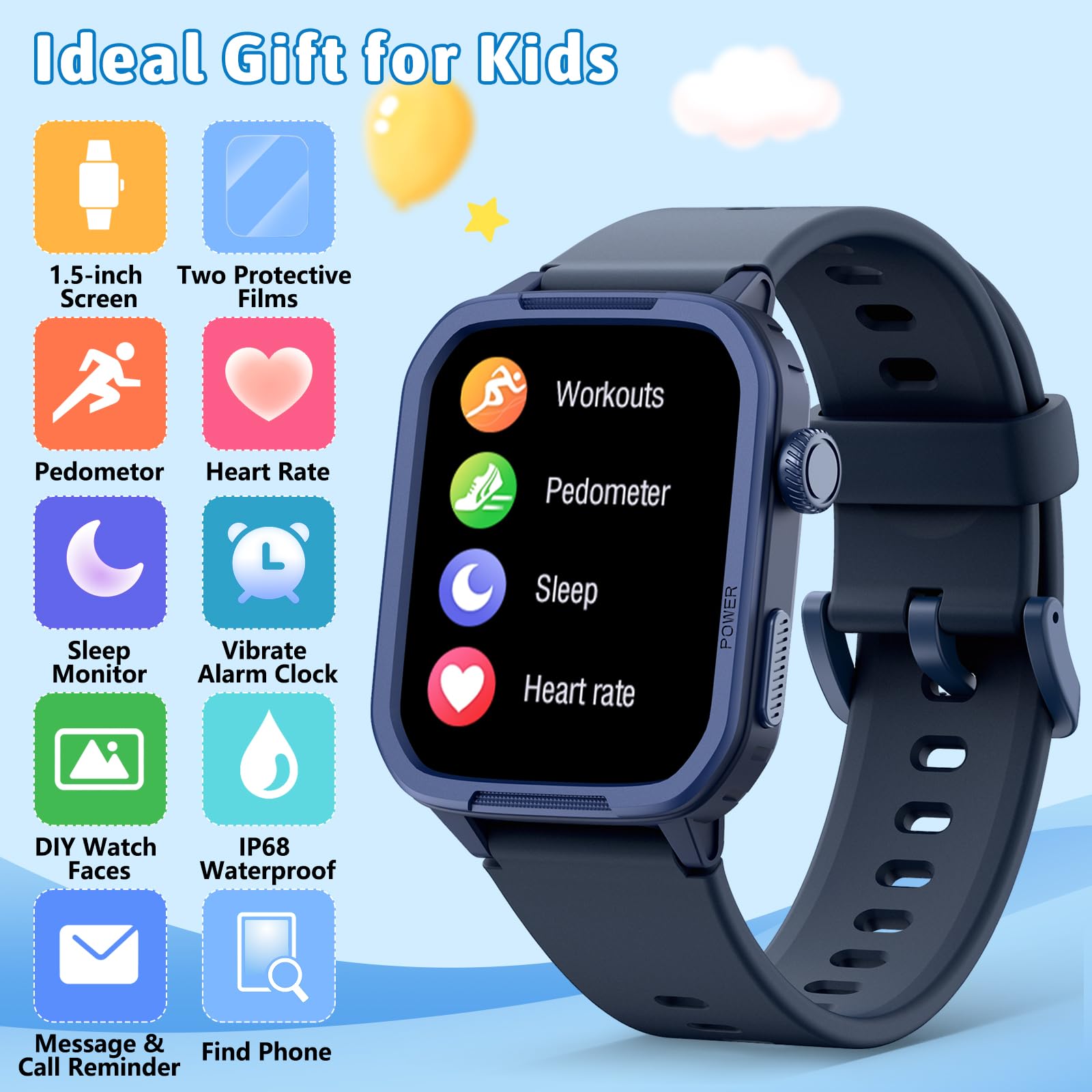 Montre connectée pour Enfant, 1.5" Montre Podometre, 19+ Modes d'entrainement, fréquence Cardiaque, Suivi du Sommeil,Longue durée, Étanche, Cadeau pour Les Filles et Les garçons 6-15 (Bleu)