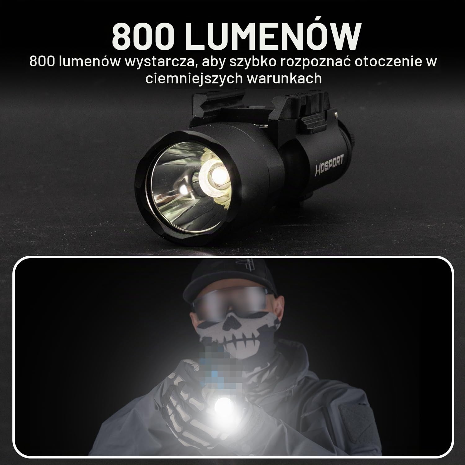 Zhongren X300 Taktyczna latarka pistoletowa, 800 lumenów, białe oświetlenie, taktyczna latarka do airsoftu, 2 tryby, światło ciągłe/chwilowe (czarna)