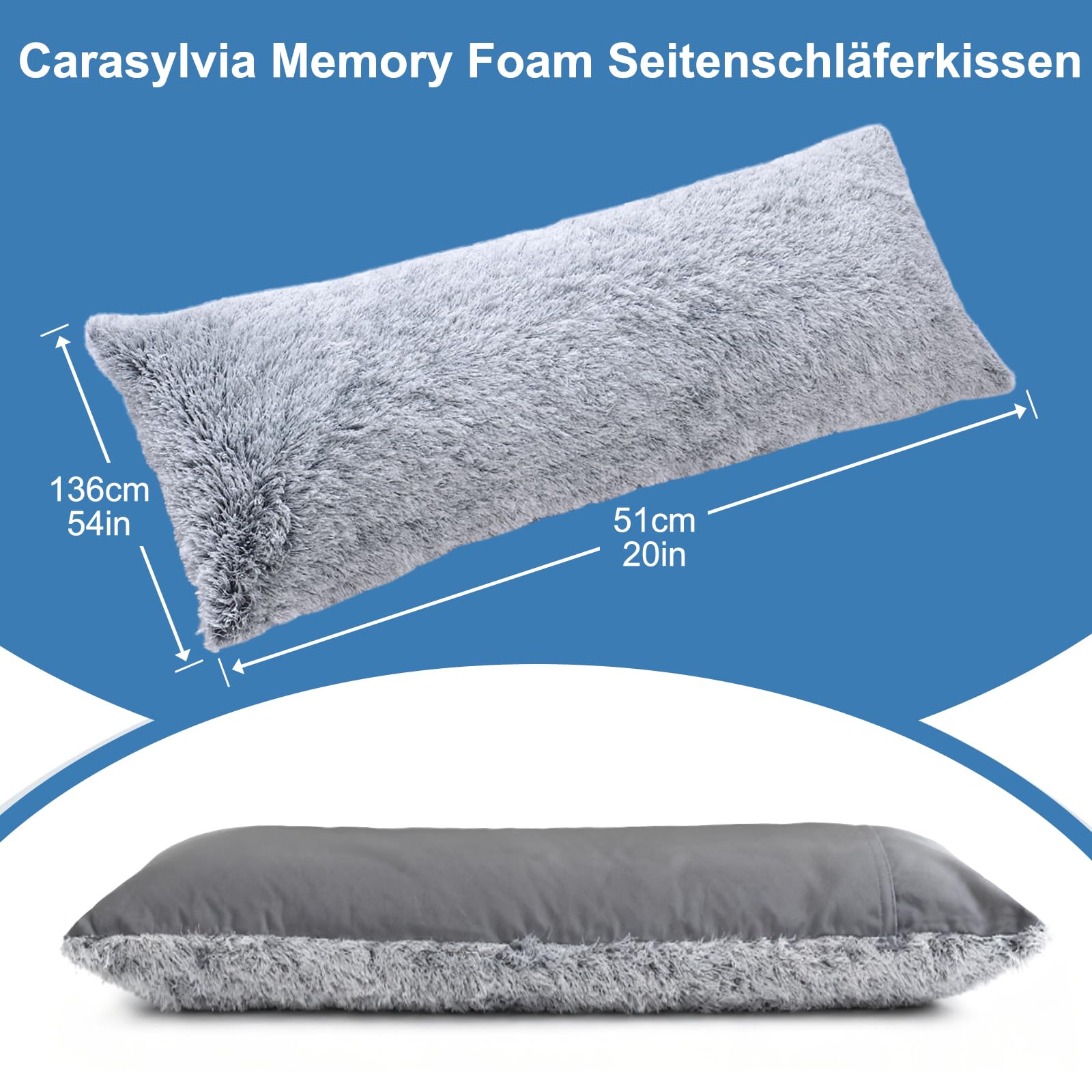 Memory Foam Seitenschläferkissen für Erwachsene – 2,65KG Ganzkörperkissen mit Plüsch Abnehmbarem Bezug, Warm Kuschelig Schwangerschaftskissen Schlafkissen und Stillkissen, Grau, 136x51 cm