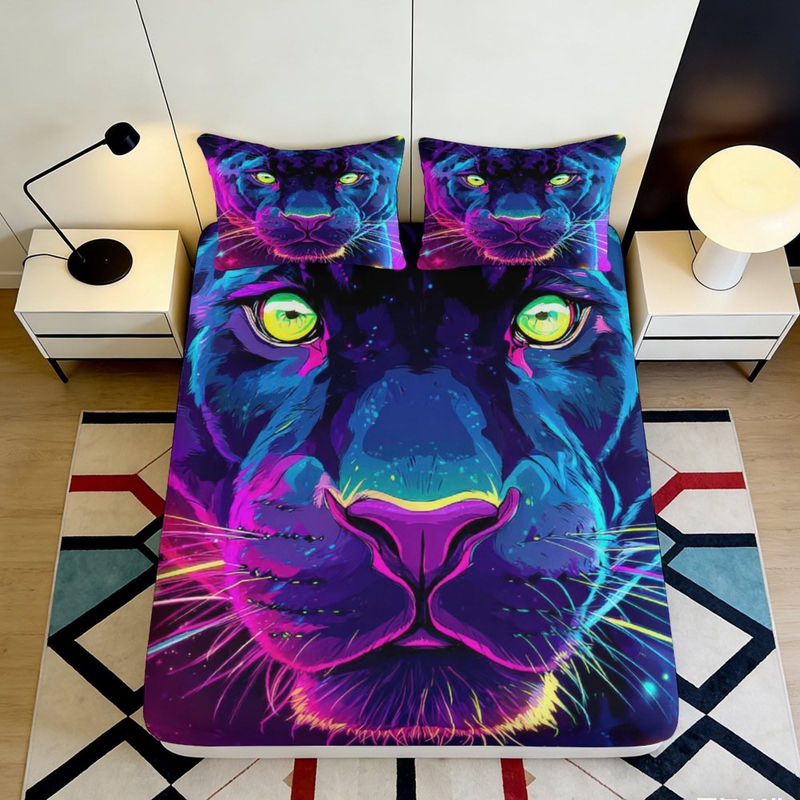 Pnayamiorkfel Style-4 3D Printed Neon Panther Fitted Sheet Microfiber Soft Breathable Abstract Cat Mattress Cover For Bedroom Dorm Decor 90X200x25cm