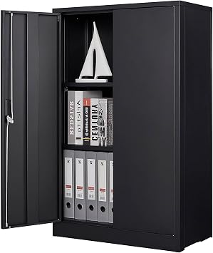 Metal Storage Cabinet with Locking Doors, Folding Filing Storage Cabinet with 2 Adjustable Shelf, Garage Storage Cabinet for Home Office, Utility Room and Basement, 42" H x 26" W x 14" D, Black