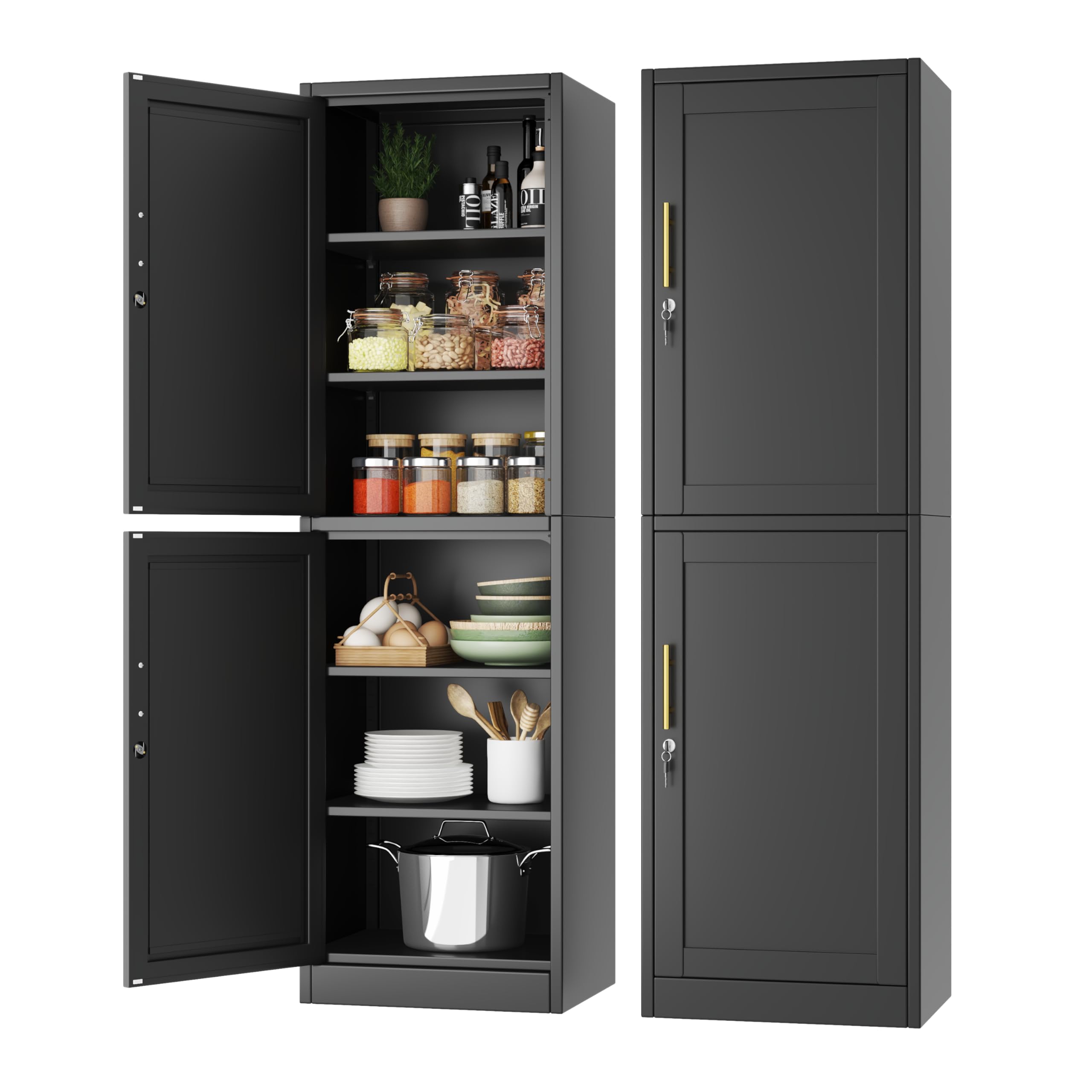 Tall Narrow Slim Metal Storage Cabinet with Lock 2 Doors and Shelves,Steel File Cabinets,Kitchen Pantry Cabinet Locker Organizer - 67" Locker Storage Cabinets for Bathroom,Bedroom,Office,Black