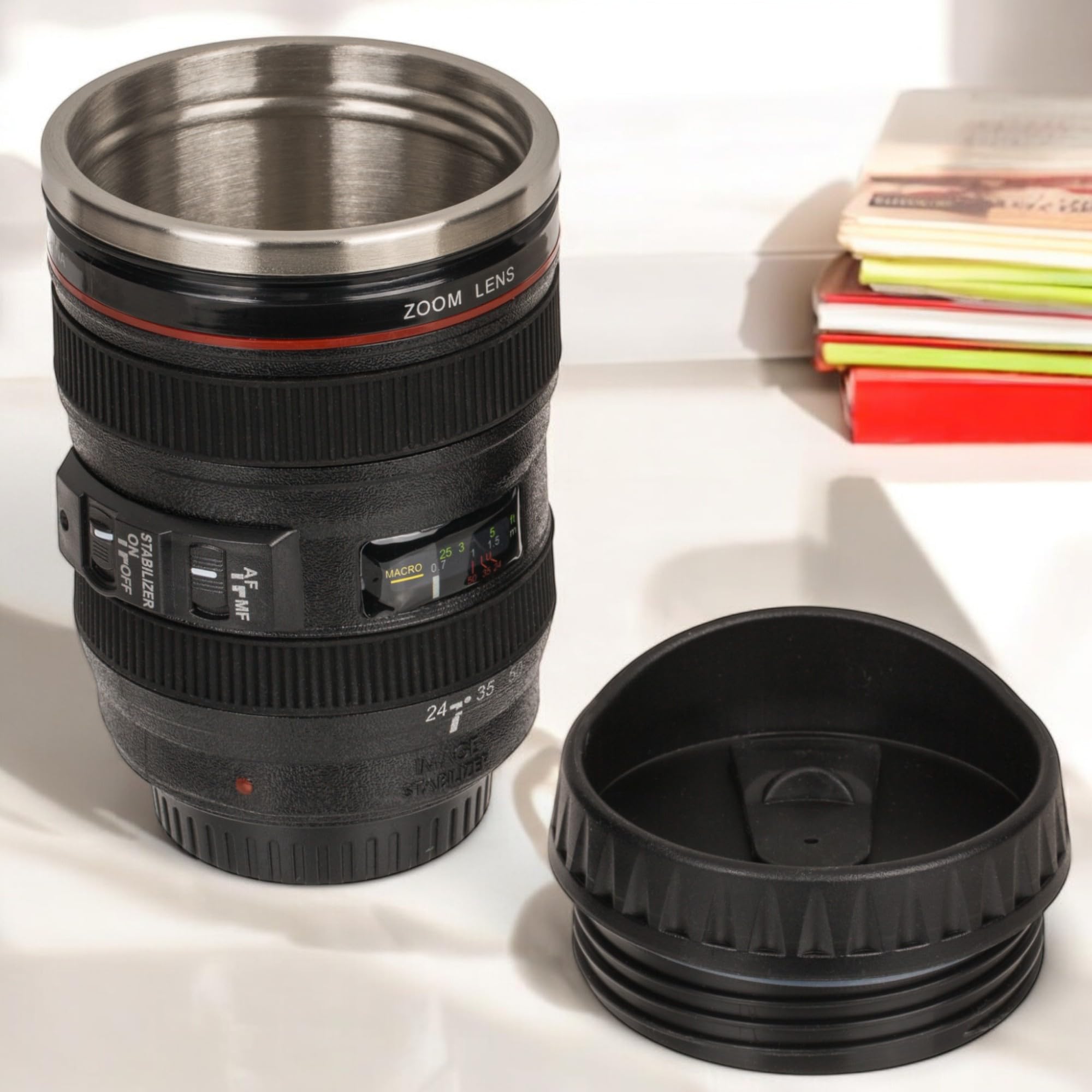 MIJOMA Kameraobjektiv Becher – Thermobecher mit Edelstahleinsatz – 350 ml – Kaffeebecher im Kamera-Design – mit Deckel & rutschfestem Griff (Packung mit 2)