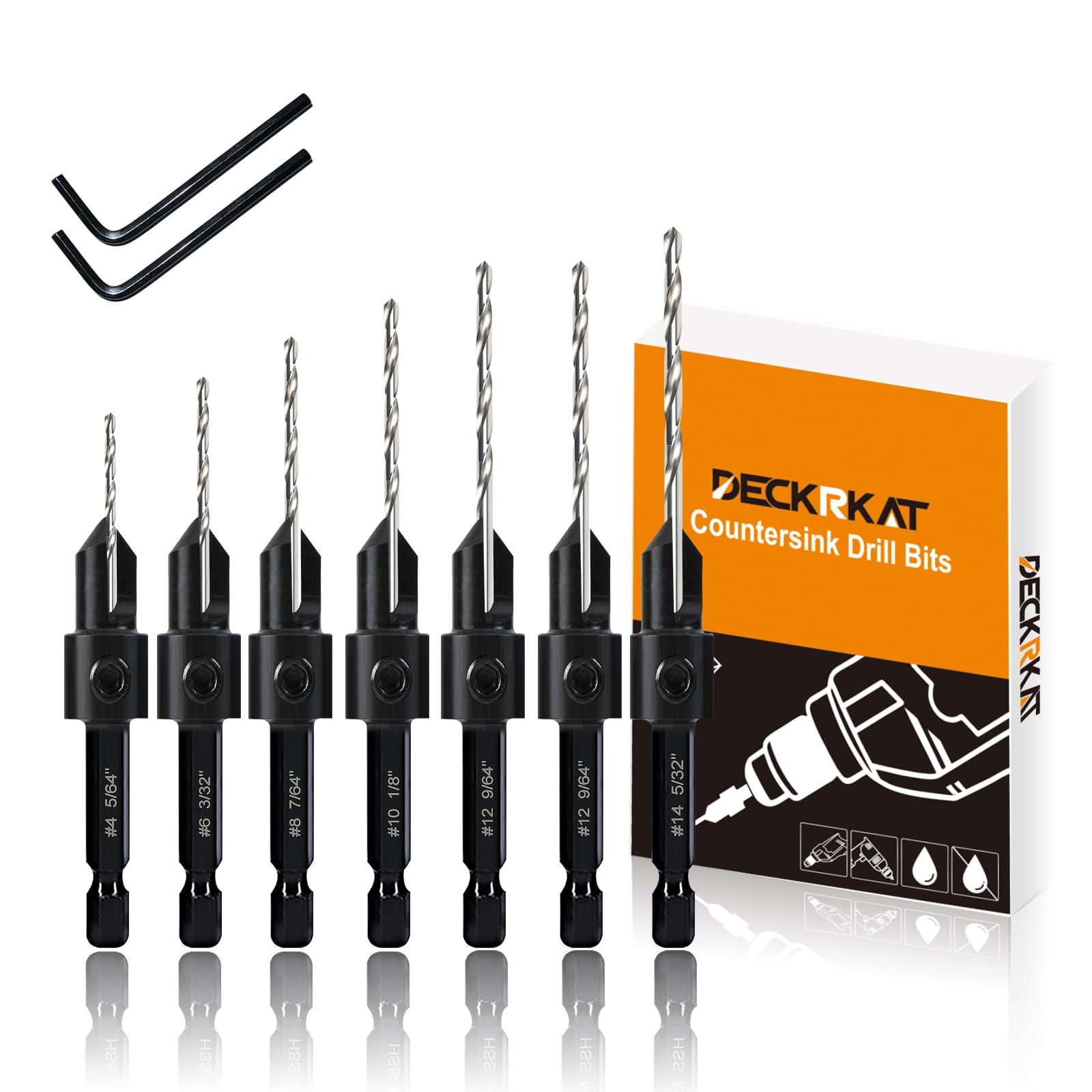 Countersink Drill Bit Set, 7-Piece Woodworking M2 Countersink Drill Bits for #4, 6, 8, 10, 12, 14 Screws, 82-Degree Chamfer, ¼” Hex Shank, 2 Allen