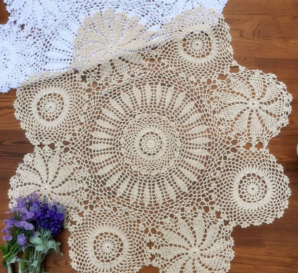 Hetao 100% Cotton Handmade Crochet Round Tablecloth Doilies Lace Table Covers ,Beige, 27 Inch