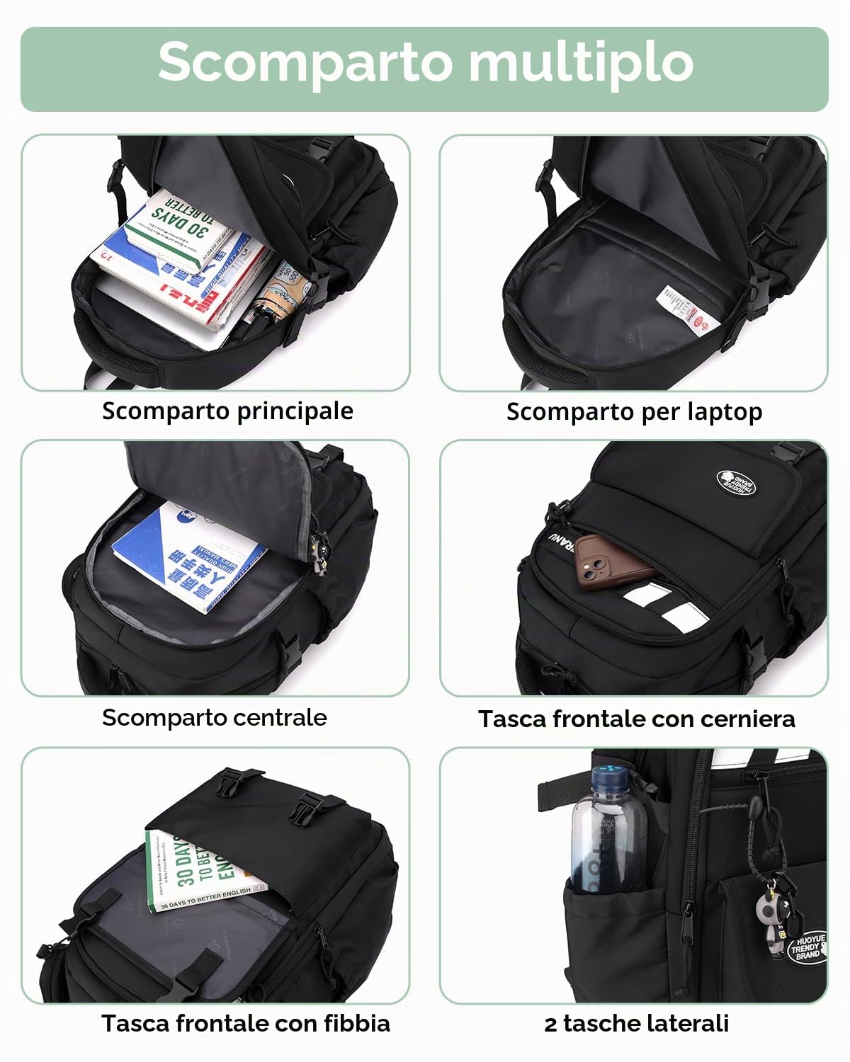 Tanou Zaino Trolley per Ragazzi, Zaino con Ruote Scuola Media e Elementare | 28L, Trolley Staccabile, Zaini Ragazzo Grande con Portamonete per Viaggi, 6 Rotelle, Nero
