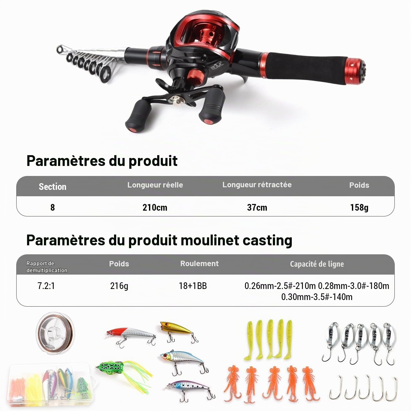 Canne à pêche et Moulinet Combo Canne à pêche télescopique de 2.1 m avec Moulinet Baitcasting à Gauche