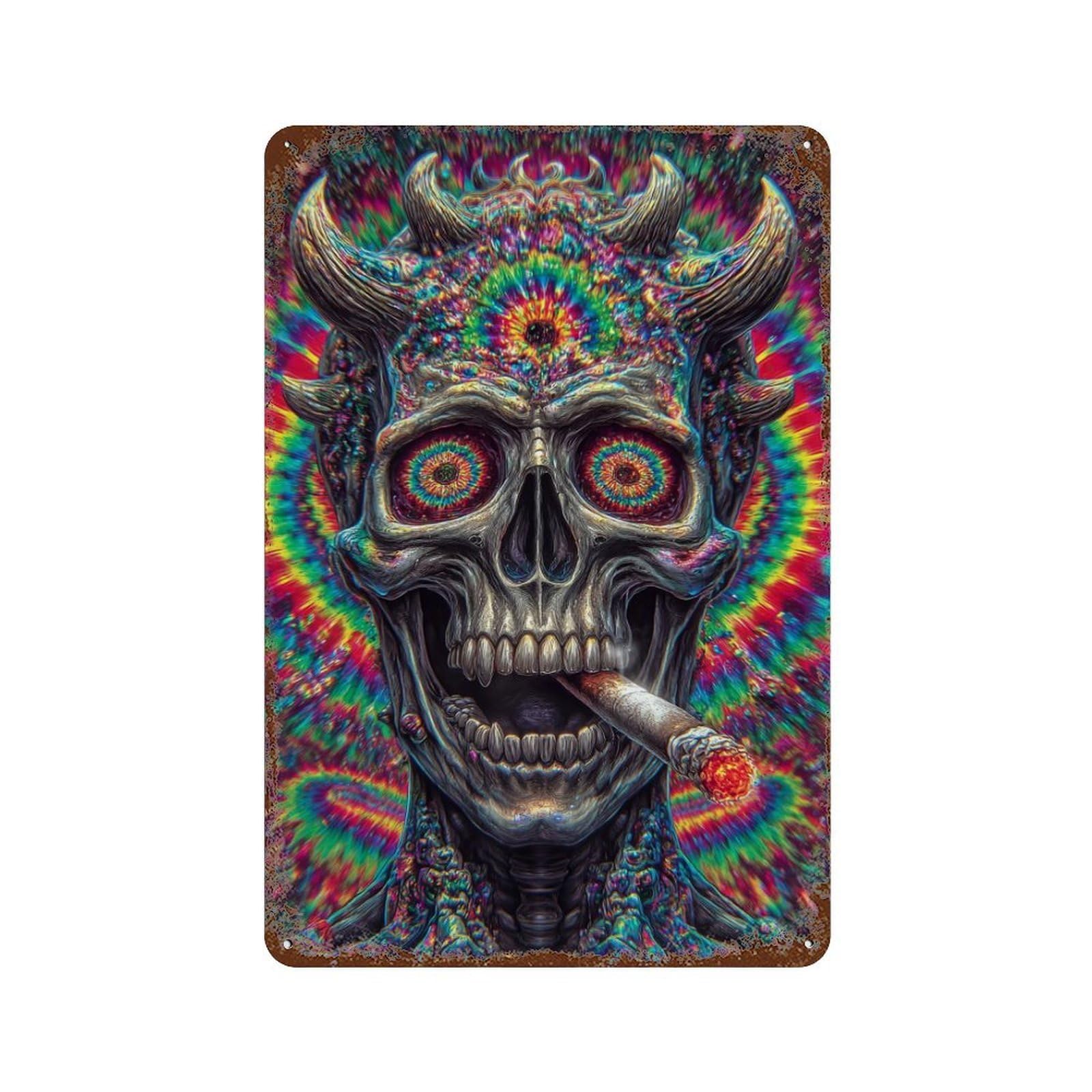 Psychedelic Devil Skull Art Print-3 Rust Effect Tin Sign 11.8"x7.9", Rustic Home Decor for Garage, Pub Or Kitchen