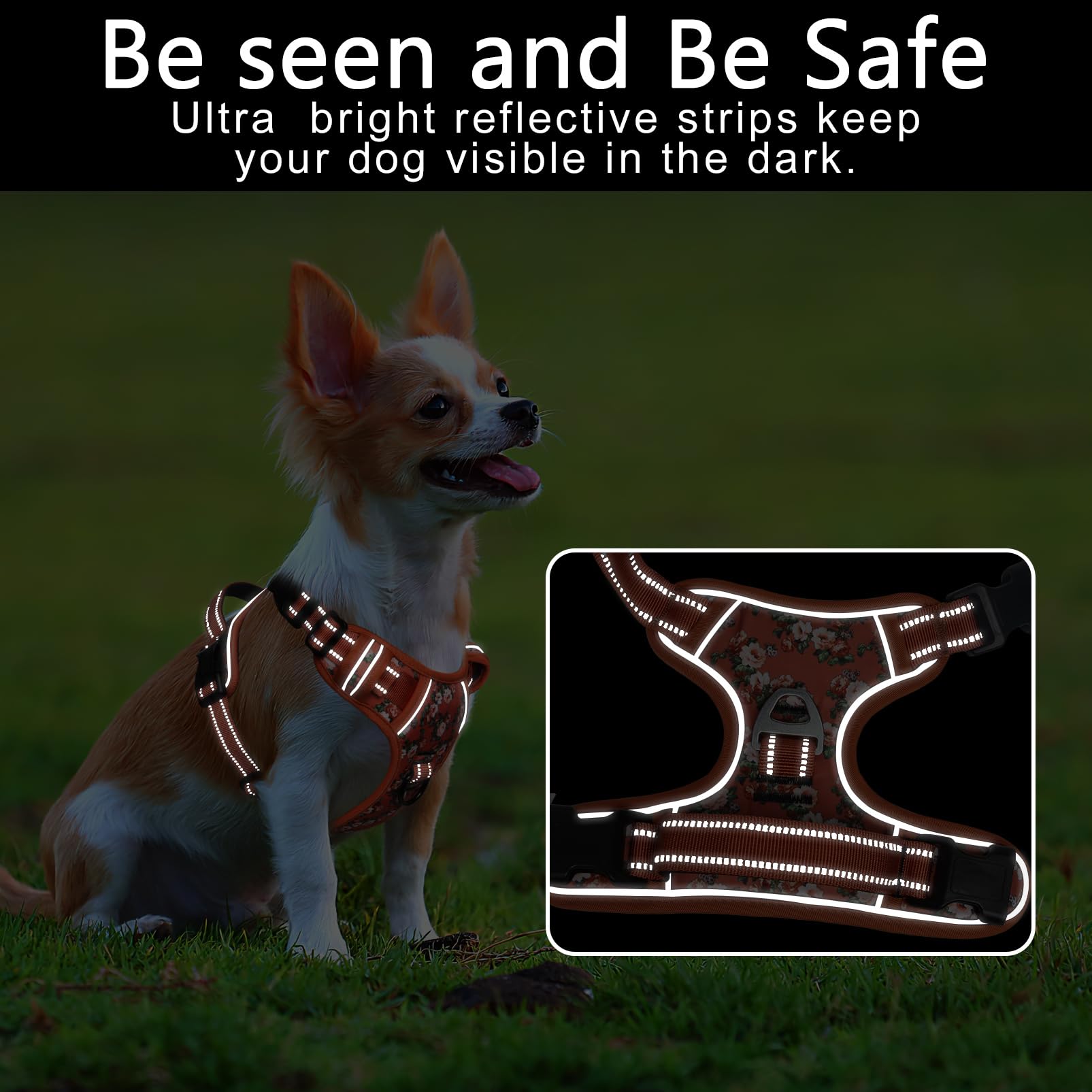 HEELE Pettorina Cane, Imbracatura Sganciata Rapido dal Collo, Pettorina Anti-tiro Riflettente e Regolabile con Maniglia Comoda, Morbida e Imbottita per Cani Piccola Media Grande, Floral-Arancione XS