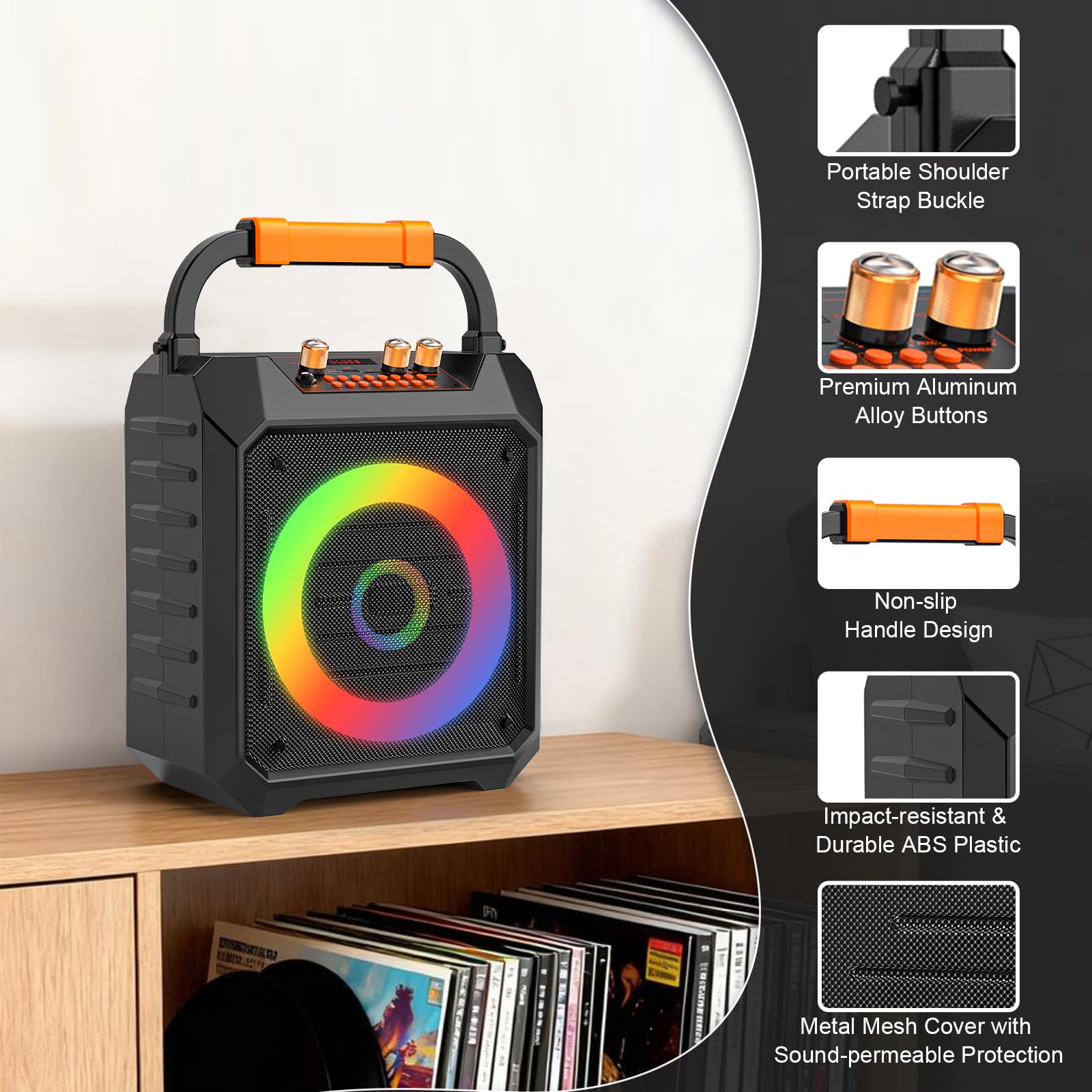 Machine de karaoké portable avec 2 microphones sans fil Bluetooth Haut-parleur de karaoké avec système de sonorisation pour adultes, fêtes, usage domestique, prend en charge BT/TF/USB/AUX/FM