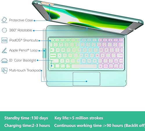 Miniatura 10 de Funda para teclado para iPad 10.2, 9 generación, 8 y 7 generación, teclado táctil, funda protectora giratoria de 360 con soporte para lápiz Apple,