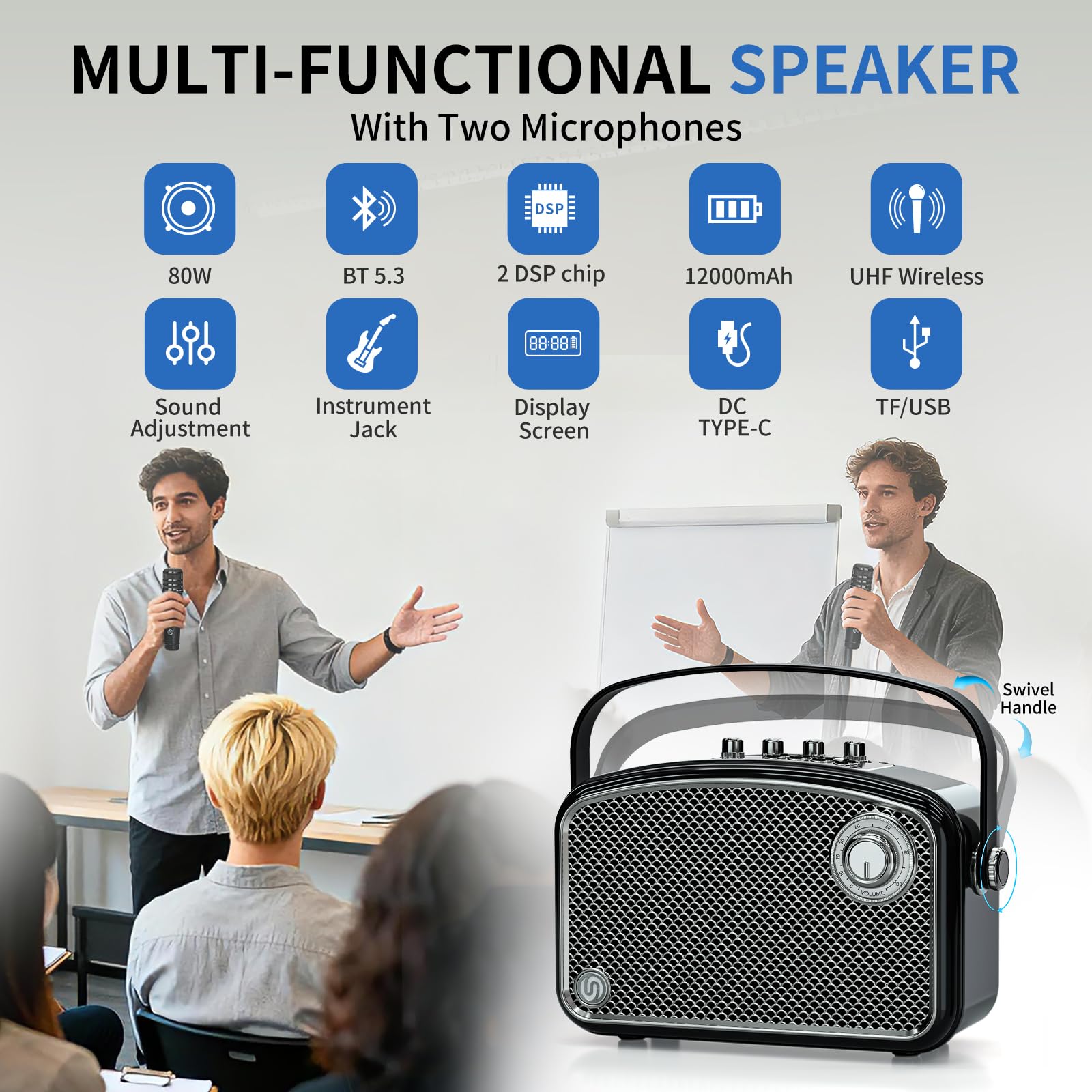 120W Peak Leistungsstarker Sprachverstärker mit 2 UHF-Mikrofonen, Bluetooth-Lautsprecher mit Bass/Trable/Echo-Anpassung, kleines PA-Lautsprechersystem, Karaoke-Maschine für Erwachsene, Lehrer