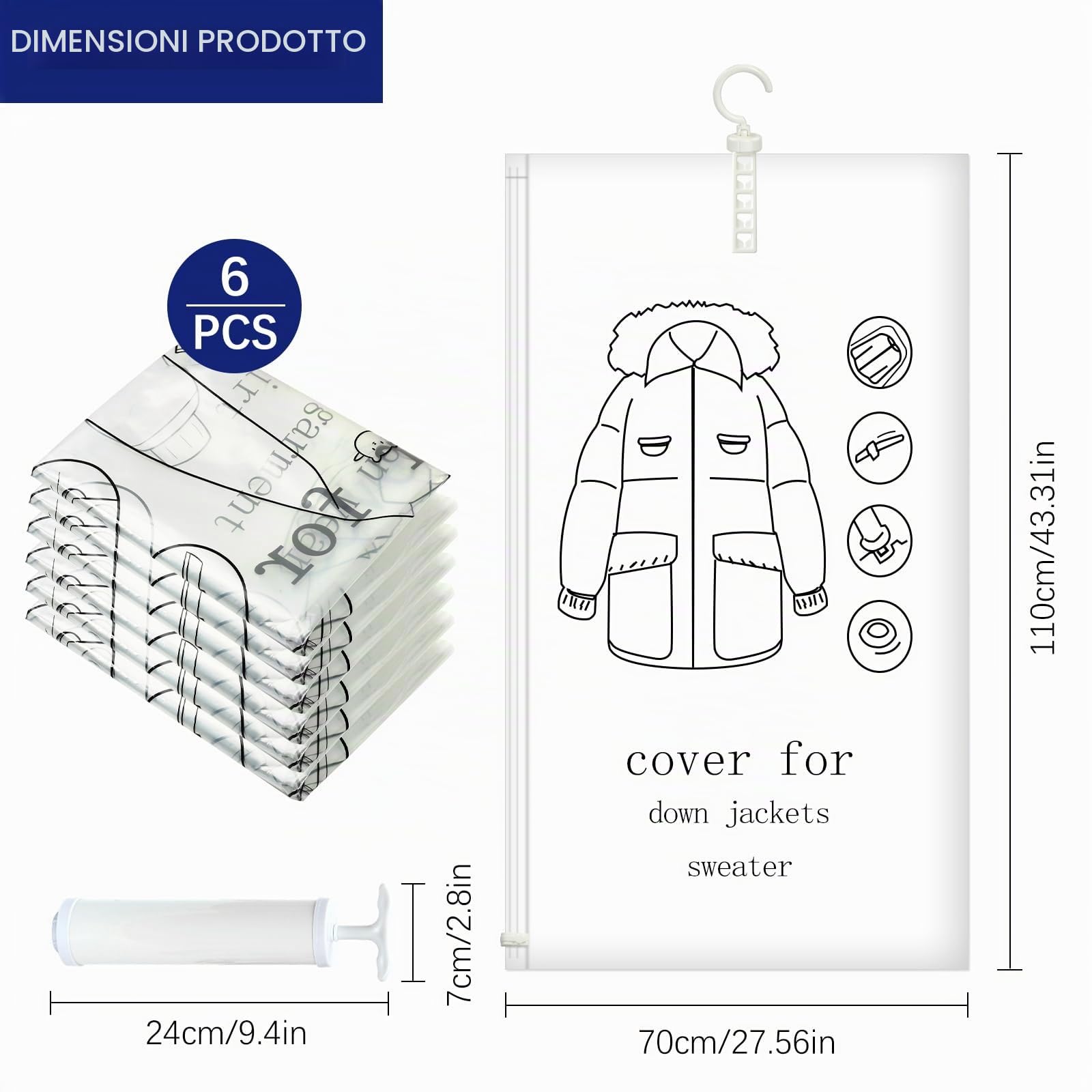 6 pezzi Sacchetti sottovuoto vestiti da appendere - 70×110 cm buste sottovuoto vestiti - trasparenti e riutilizzabili, Copriabiti da Armadio per armadio, per cappotti, giacche e abiti