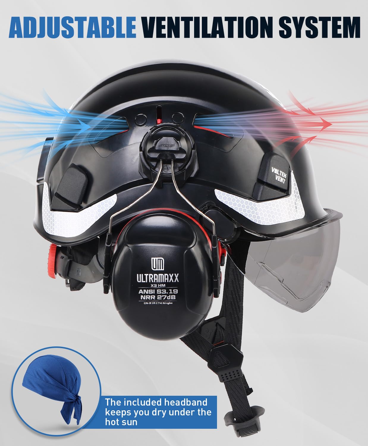 UM ULTRAMAXX Casco de seguridad y protección auditiva, aprobado por ANSI Z89.1, kits de casco de trabajo ligero con ventilación, suspensión de 6 puntos, ideal para la industria y la construcción