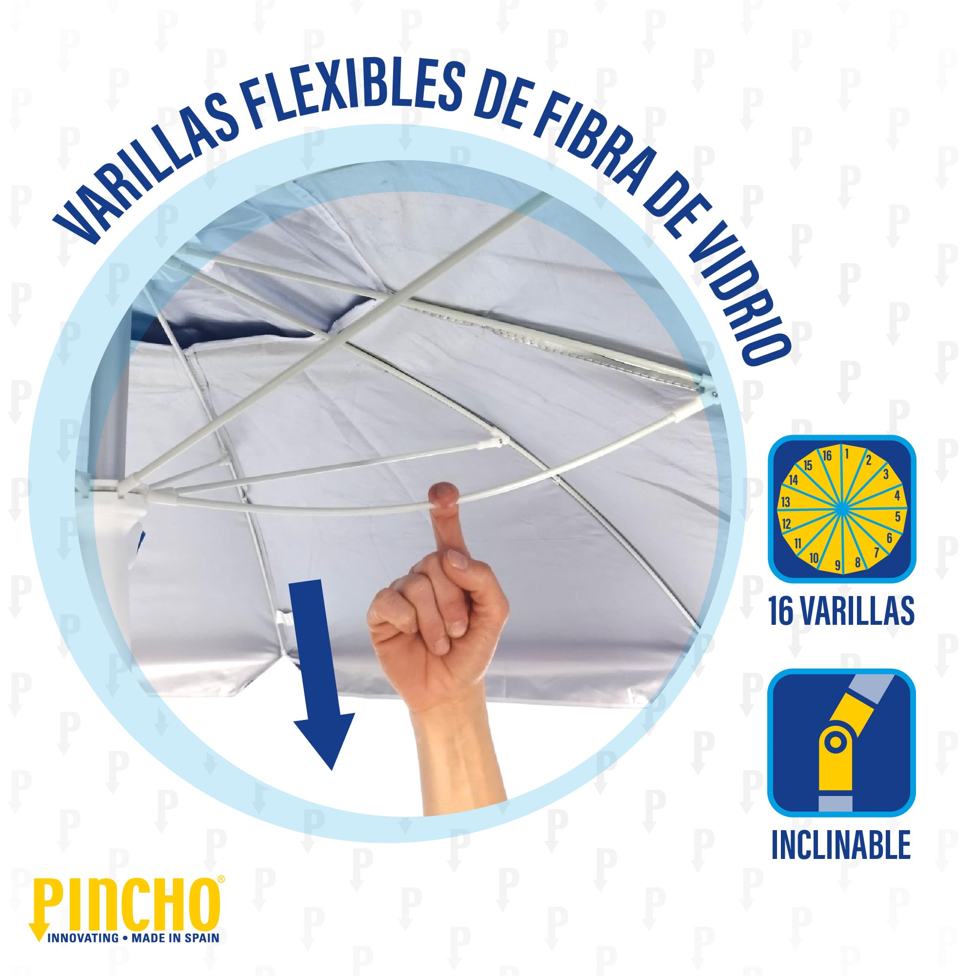 Pincho Sombrilla Playa Grande 200cm, Antiviento hasta 35km/h, Protección UV50+, Inclinable, 16 varillas fibra vidrio, Tubo Aluminio 28/32mm, ligera 2kg, Sombrilla Playa Plegable, Parasol Playa