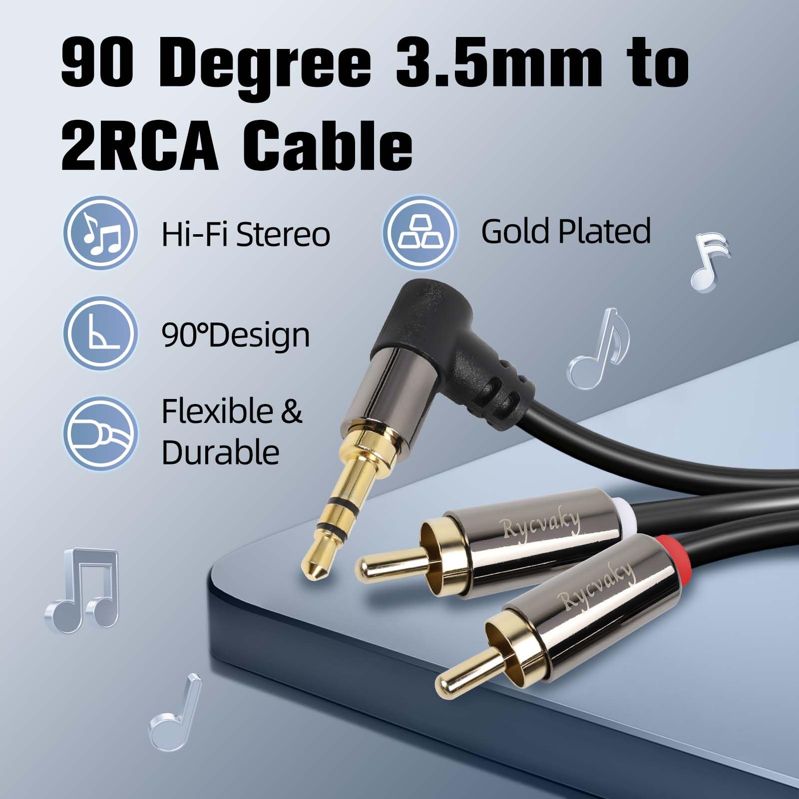 Cavo AUX a RCA da 3,5 mm, angolo di 90 gradi, da maschio 3,5 mm a 2 RCA maschio, splitter audio stereo ausiliario a Y, placcato oro, doppia schermatura per smartphone, tablet, altoparlanti, Home