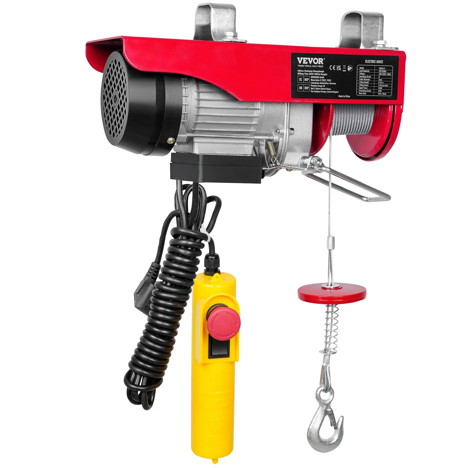 VEVOR Treuil à Câble Électrique 250 kg Palan Électrique avec Télécommande Filaire 4 m Treuil-Palan 510 W 10 m/min Hauteur de Levage Câble Simple 12 m Moteur pour Garages Entrepôts Usines