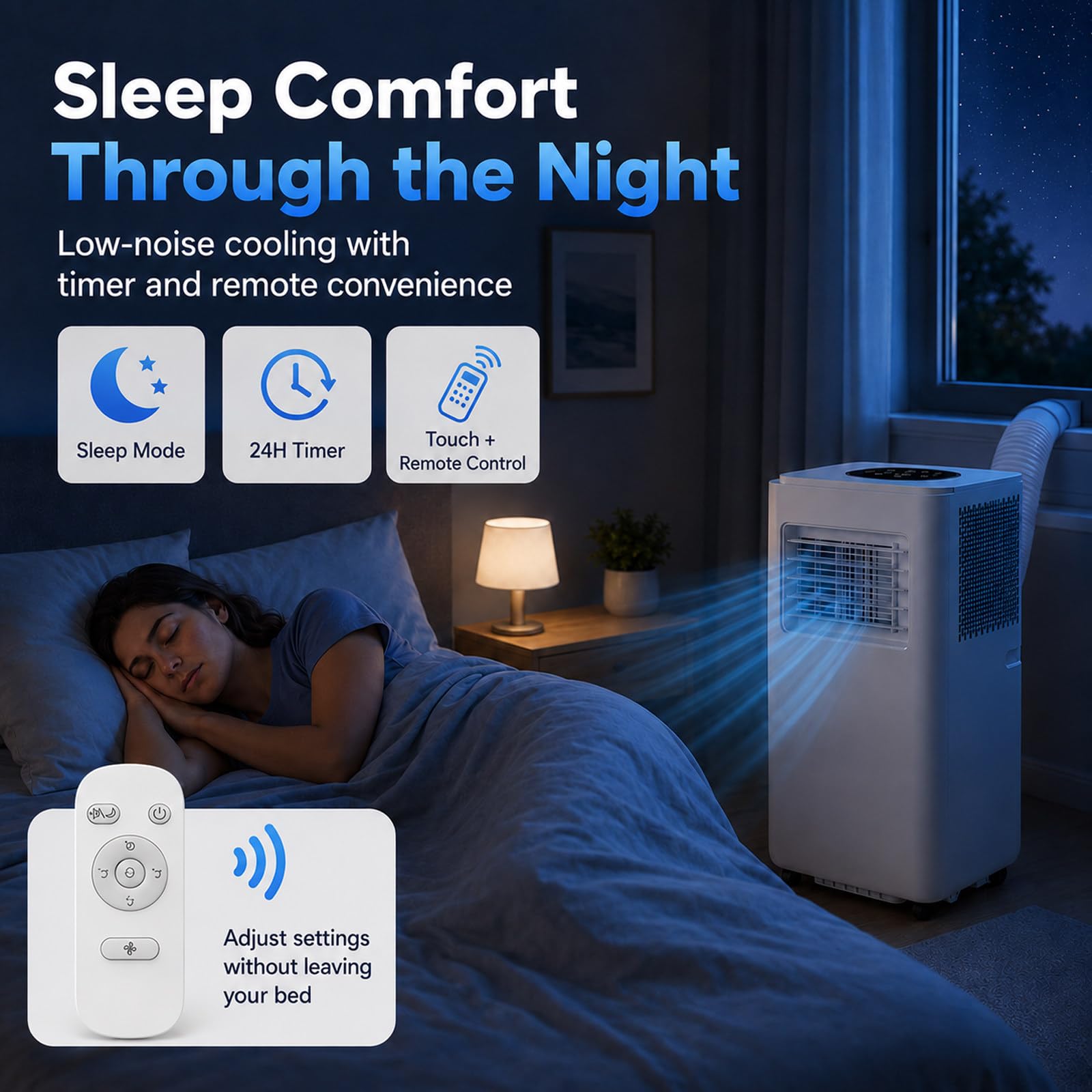 Aire Acondicionado Portátil 13000 BTU, Climatizador Portátil con Deshumidificador, Ventilador, Refrescante, Sueño, Kit Ventana, Modo Noche, pingüino Aire Acondicionado, casa 3800W