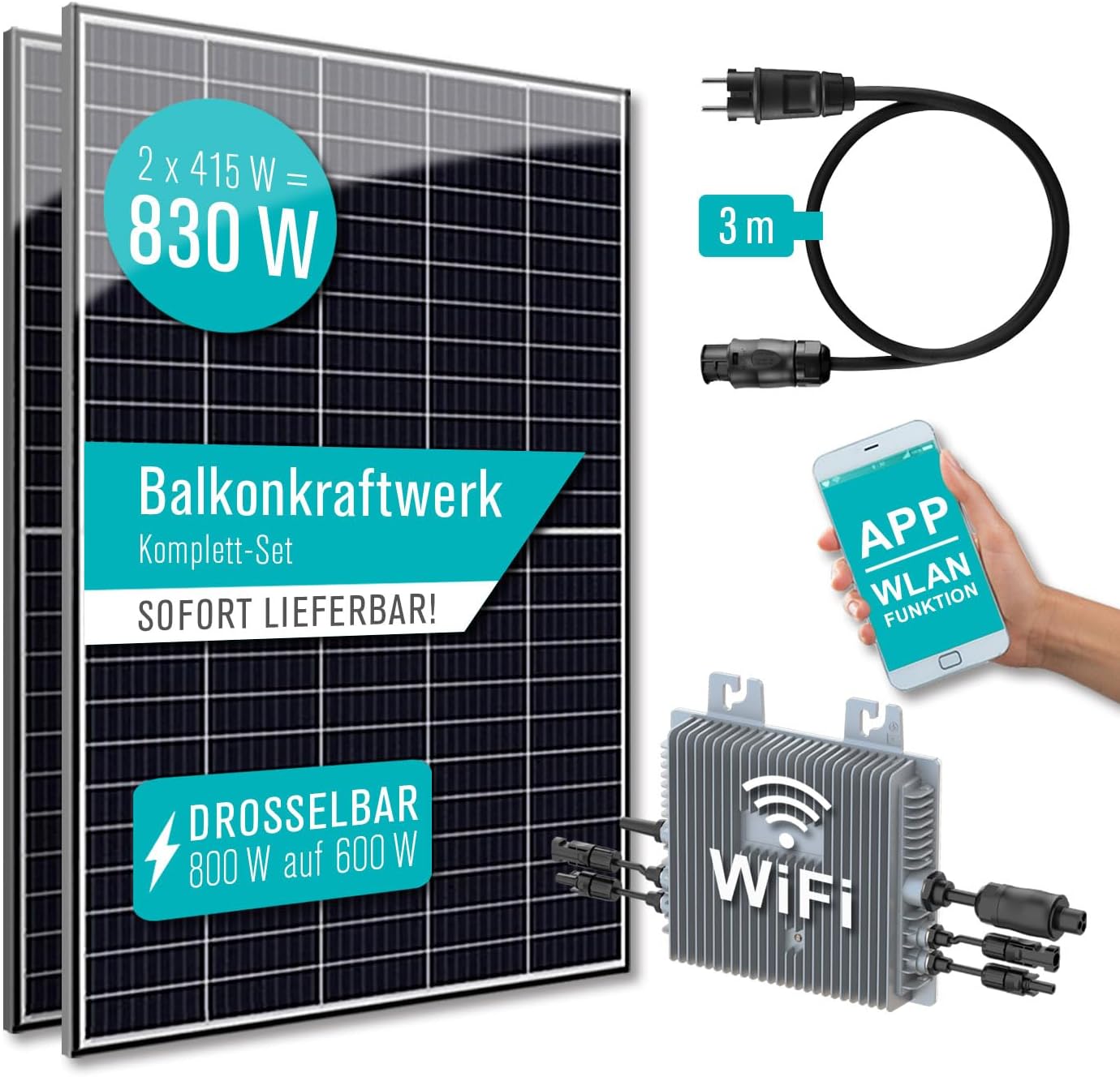 Balkonkraftwerk 800w Komplett Steckdose - Balkonkraftwerk Set Mit 2x Solarpanel 410w I 800w Wechselrichter I 3m Schuko I Balkon Solaranlage 800w Komplett I Photovoltaik Komplettanlage
