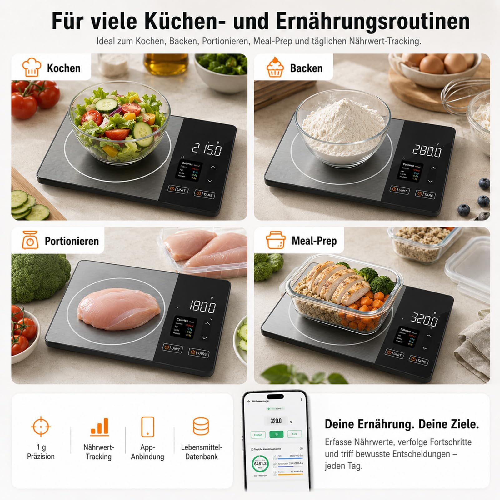 Smart Vita Küchenwaage, Smartvita Küchenwaage Kalorienwaage Hohe Präzision LCD-Display für Kochen Und Backen, Einfach Zu Reinigen Haushalt Und Profi