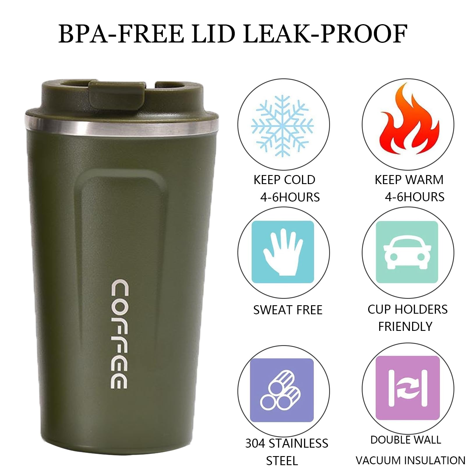Shunshi Insulated Travel Mugs - Reusable Coffee Cups with Leakproof Lid - Keeps Drinks Hot or Cold (Green/510ML) - Image 3