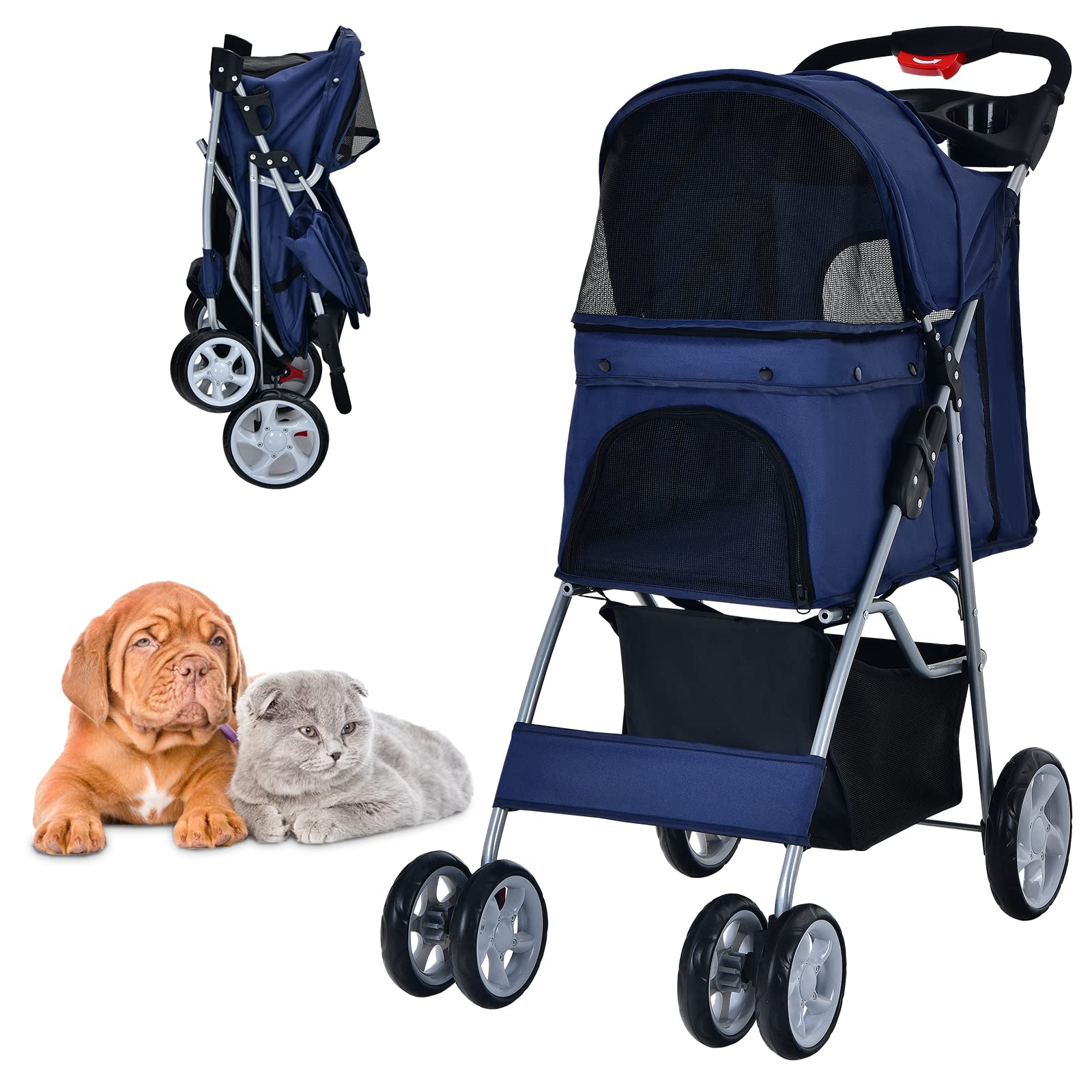 COSTWAY Cochecito para Mascotas Plegable, Cochecito de Mascotas de 4 Ruedas para Gatos/Perros, Carrito para Gatos con Cesta de Almacenamiento para Mascotas, Ventana de Malla, impermeable (Azul Oscuro)