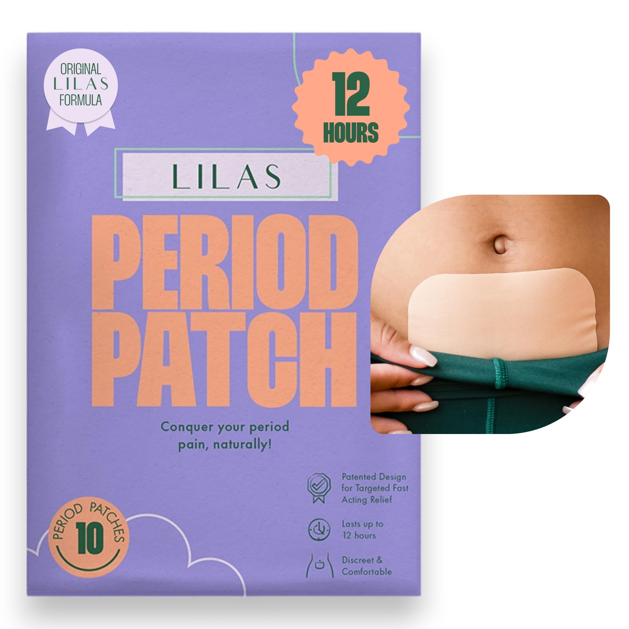 LILAS Pain Relief Patch (10-Pack) - Natural Relief for Menstrual Period Cramps | Made of Essential Oils | Designed for PMS Relief | Plant Based Painkiller Alternative