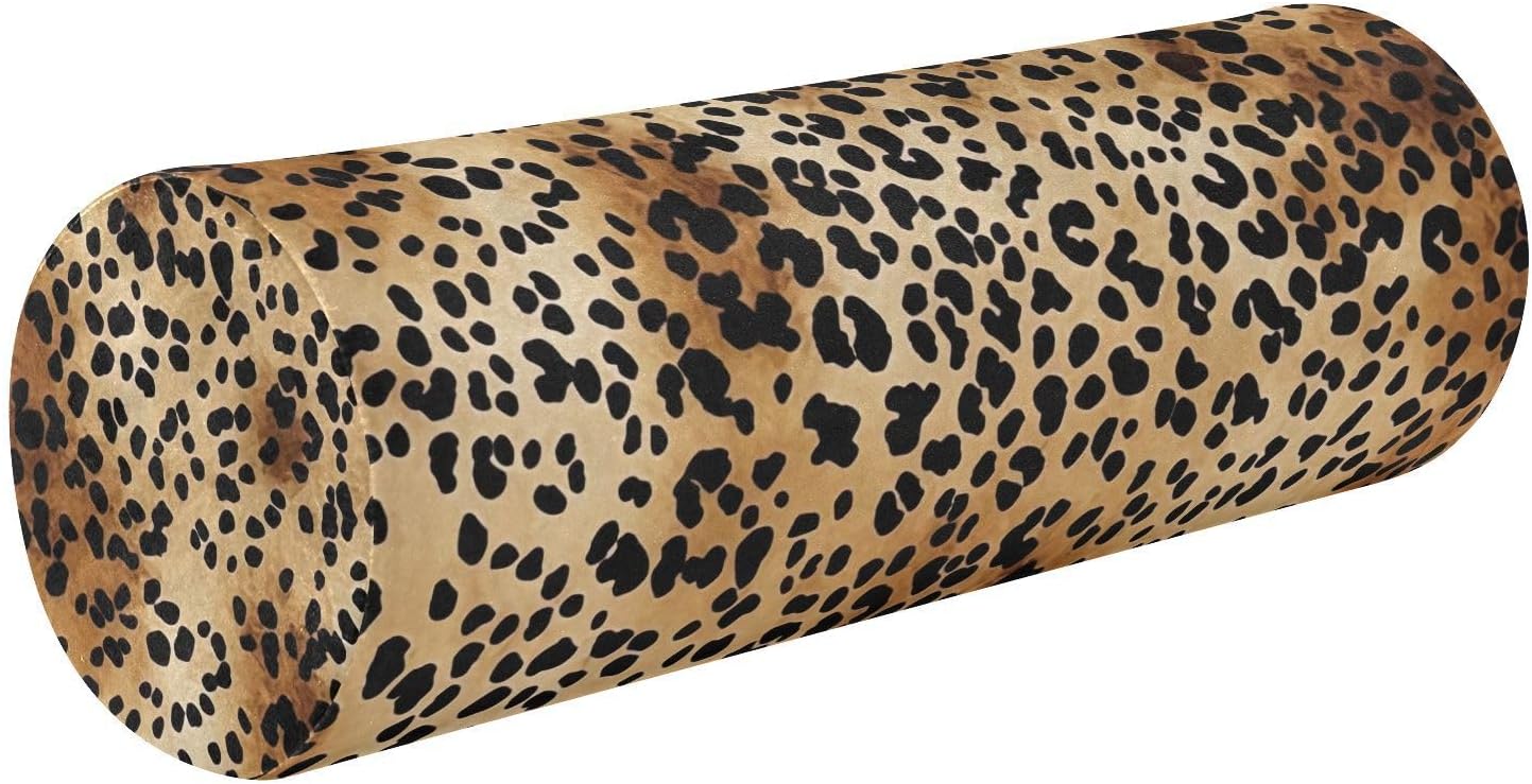 Leopard Print Neck Roll Pillow Ultra Soft Bolster Round Pillow with Memory Foam & Removable Cover for Knees and Neck Support During Sleep