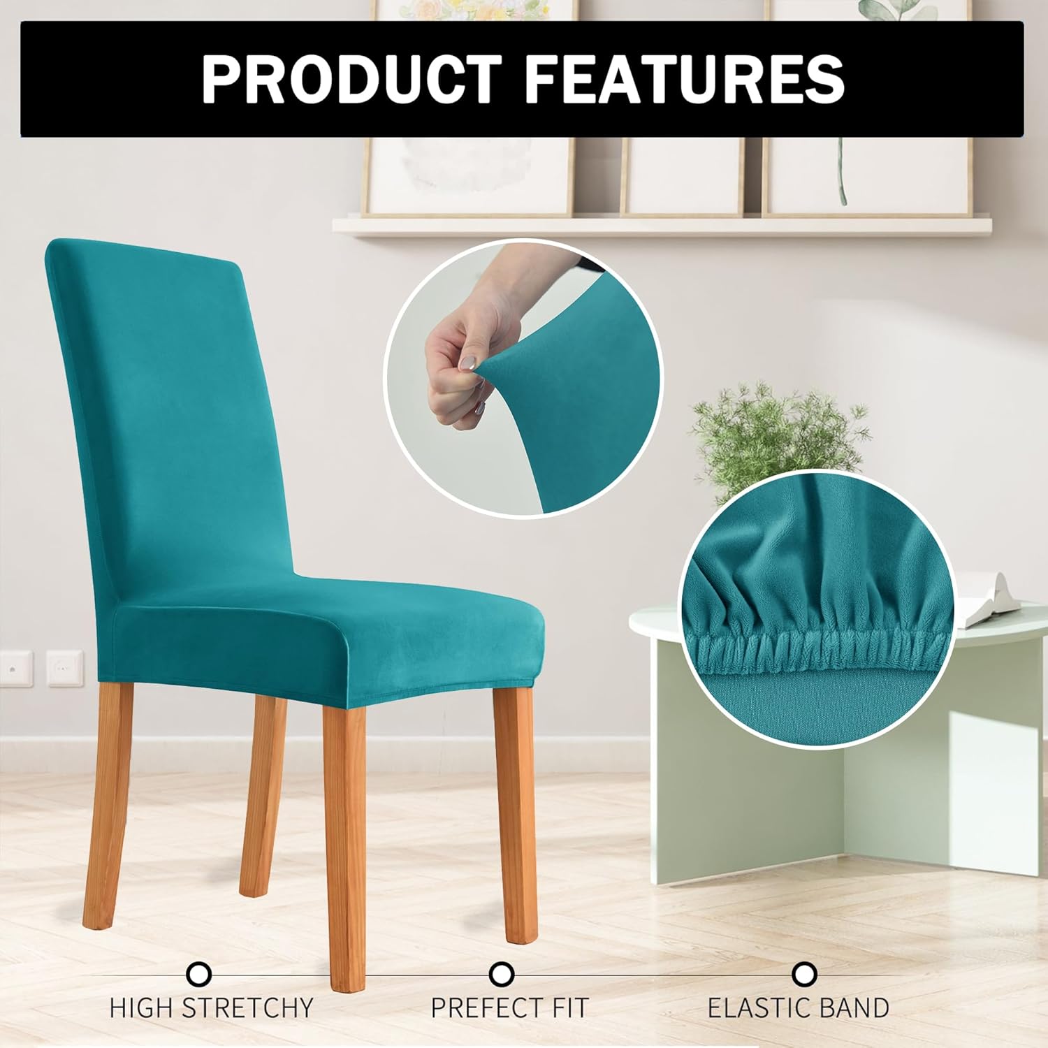 Stretch Dining Chair Covers, Soft Velvet Chair Covers for Dining Room Parson Chair Slipcover Removable Seat Protector Covers (4, Turquoise Blue)