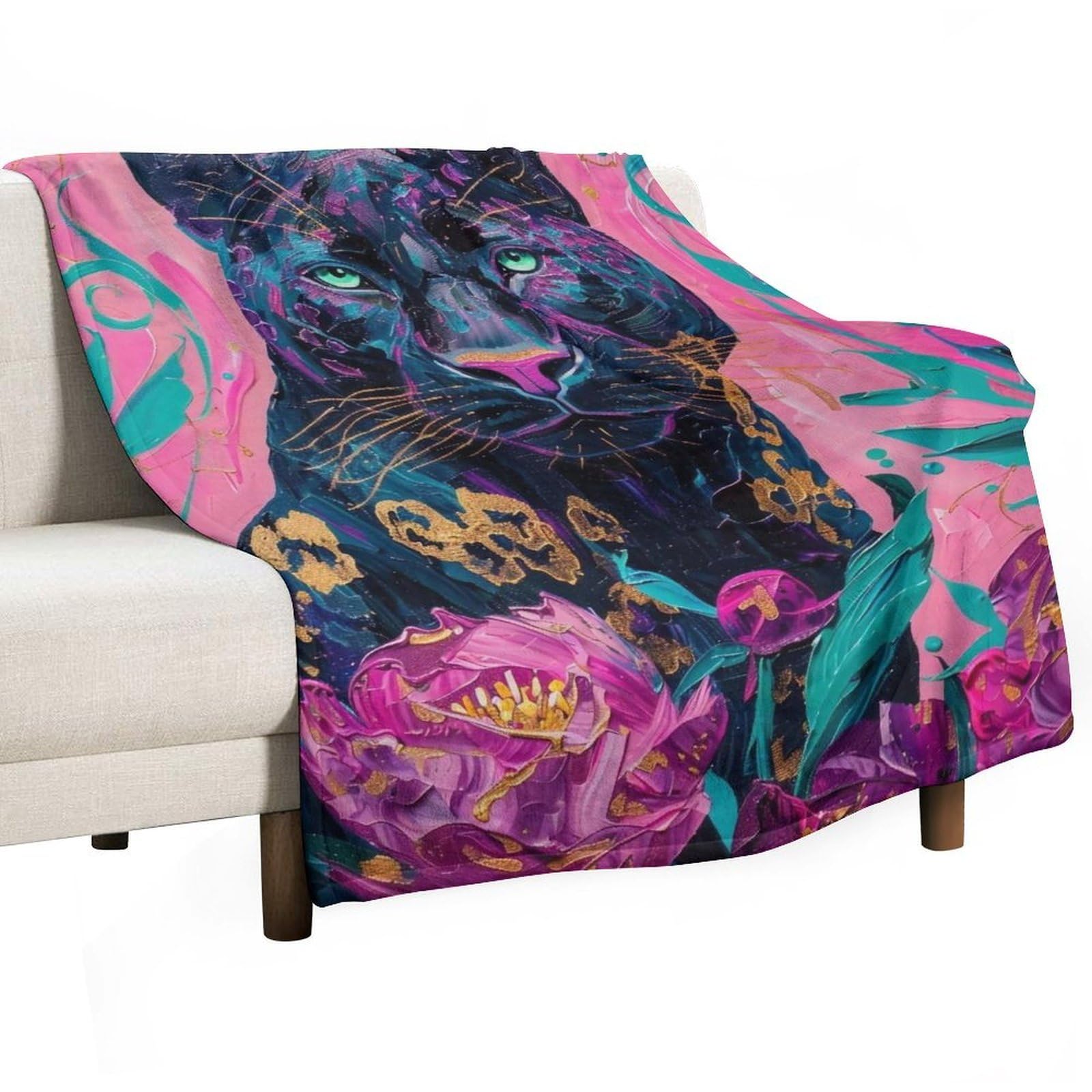 YHGSREUOH Black Panther with Peonies 02 Flannel Blankets Fleece Soft Throw Lightweight Plush Gifts for Couch, Bed, Cozy Sofa Plush, Chair, Lovers 138x175cm(55x70in)