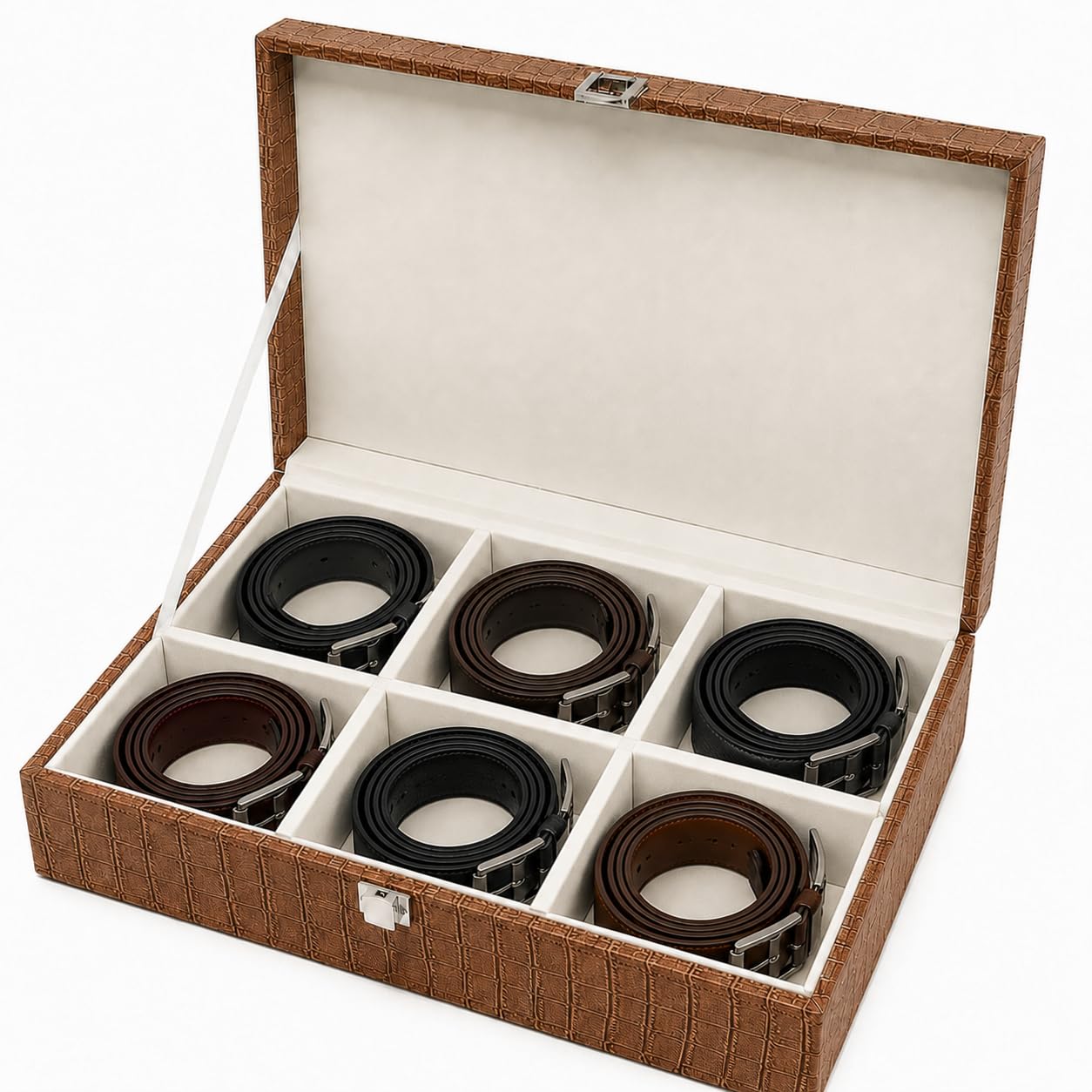 La Trove Luxury Belt Box Organizer for Belts, Premium Vegan Leather Belt Storage Case with 6 Slots, Stylish & Durable Belt Display Box for Home, Closet, and Travel - 6 Slots, Brown Closed-image-13