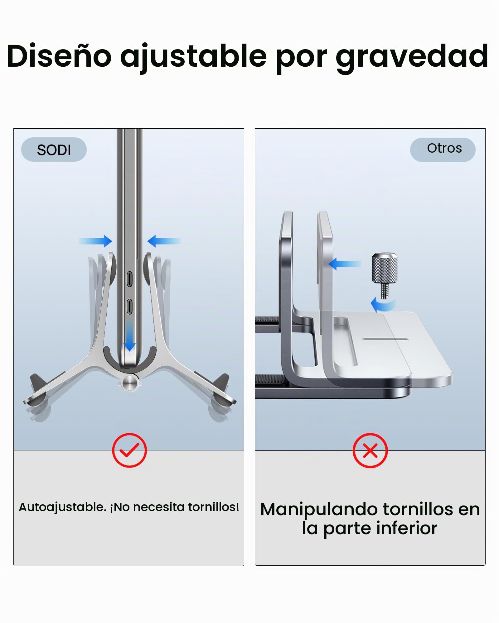 SODI Soporte Vertical para Portátil, Soporte para MacBook con Bloqueo Automático por Gravedad, Soporte Portátil Compatible con MacBook Pro/Air, Matebook, HP, iPad, Tablet, Plata