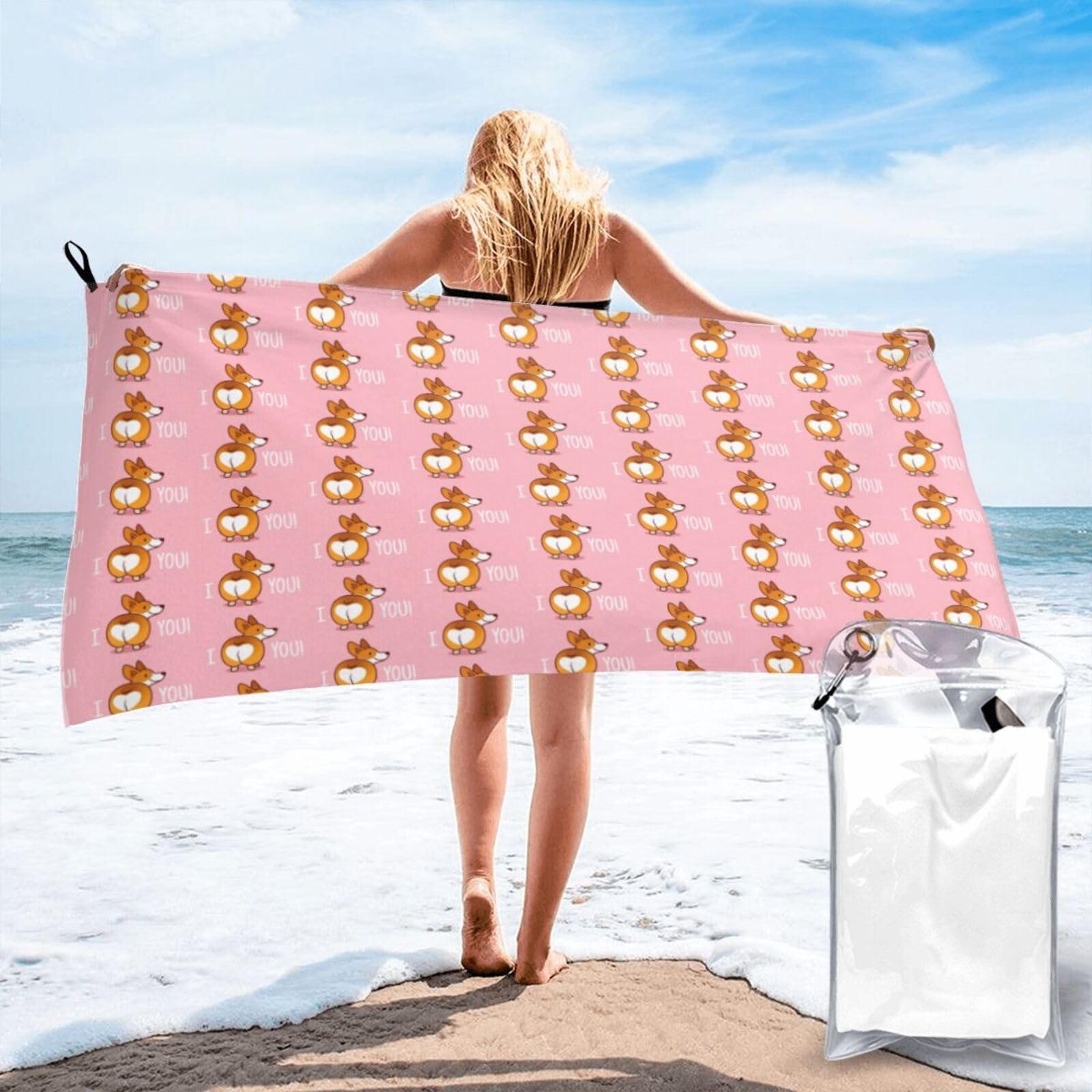 FHIZOAL Cute Cartoon Welsh Corgi Dog Butt Heart Quick Dry Towel Microfibre Towel Super Absorbent Ultra Compact Gym Sports Beach Camping Travel