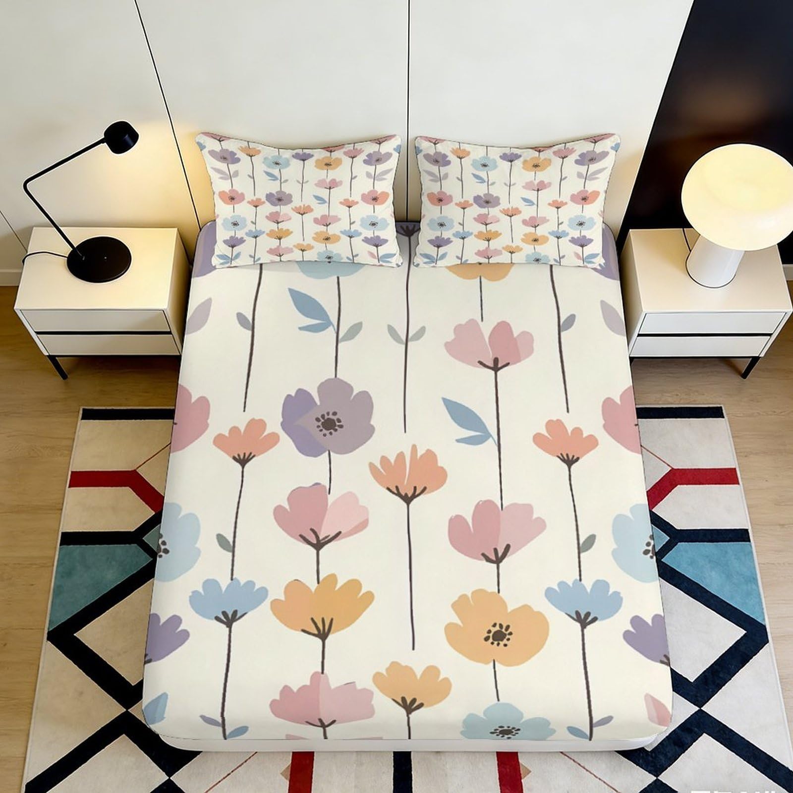 3D Printed Pastel Floral Fitted Sheet Microfiber Soft Breathable Spring Blossom Mattress Cover for Bedroom Guest Room Decor 90x200x25cm