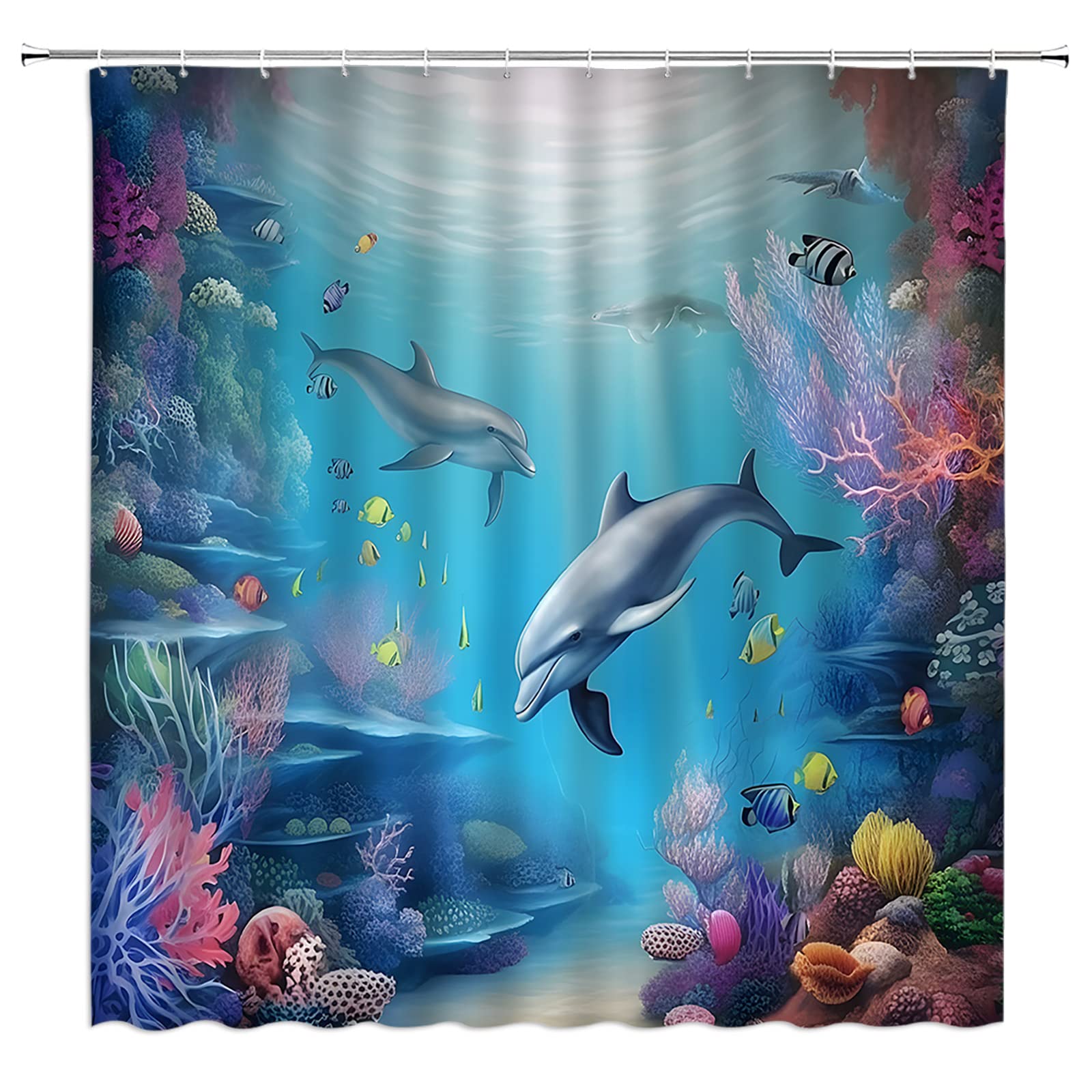 Amazon｜WZFashion イルカ シャワーカーテン 水中 イルカ クジラ 海藻