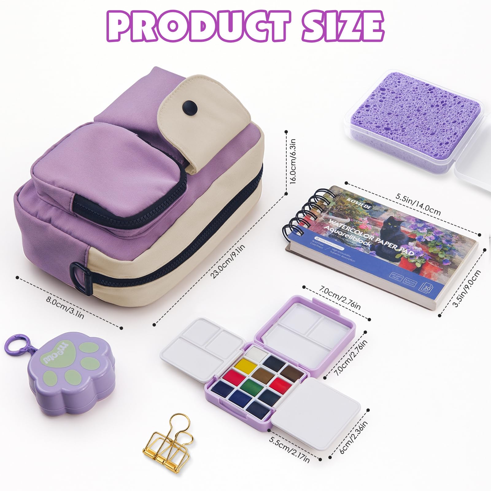 Mini zestaw do malowania akwarelowego, kieszonkowy zestaw podróżny wszystko w jednym, 12 kolorów, torba crossbody, dziennik akwarelowy 300 g/m², składany kubek na wodę, gąbka, metalowy klips i